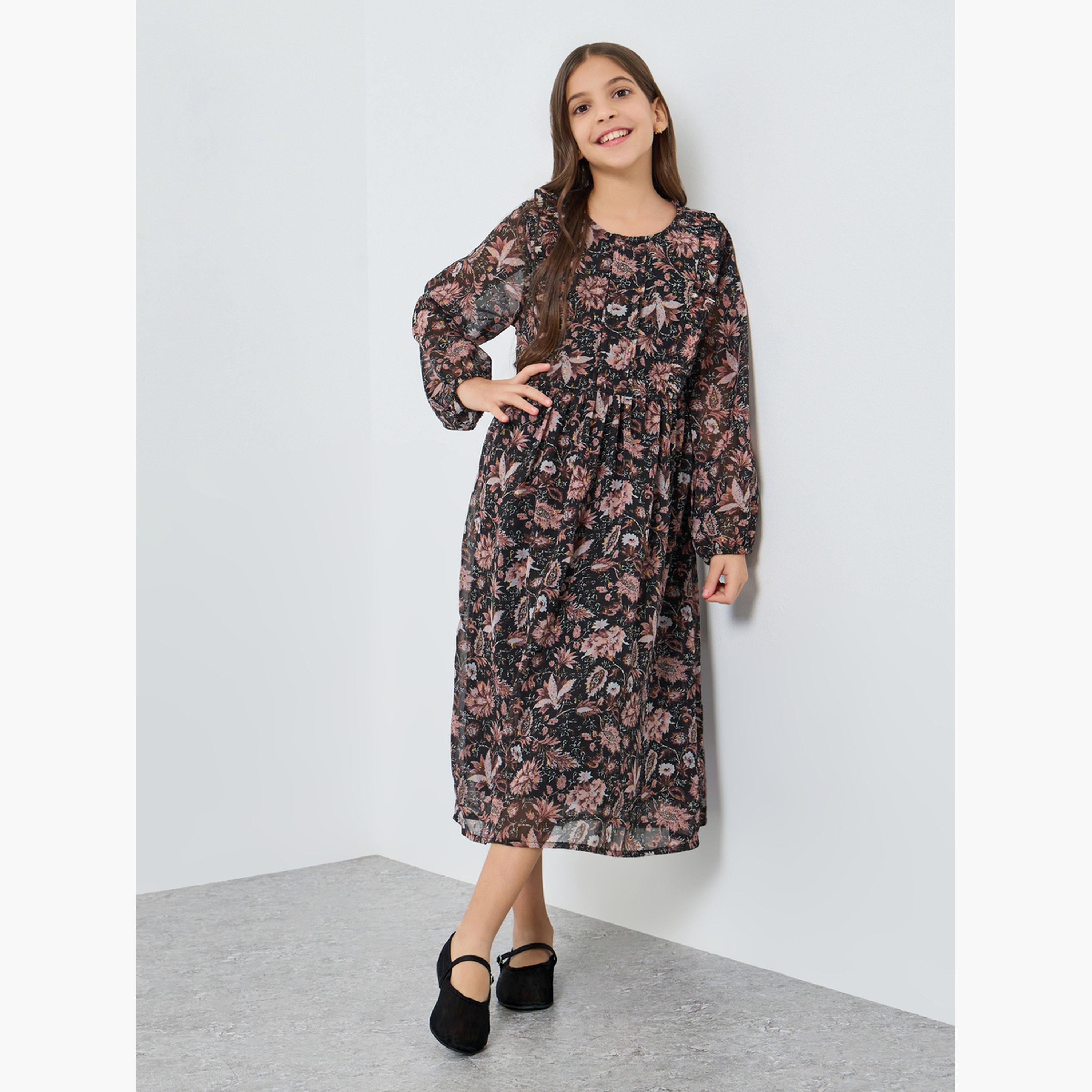 Styli Girls Black Floral Print Long Sleeve Dress-girls-clothing-dressesandjumpsuits-image-1