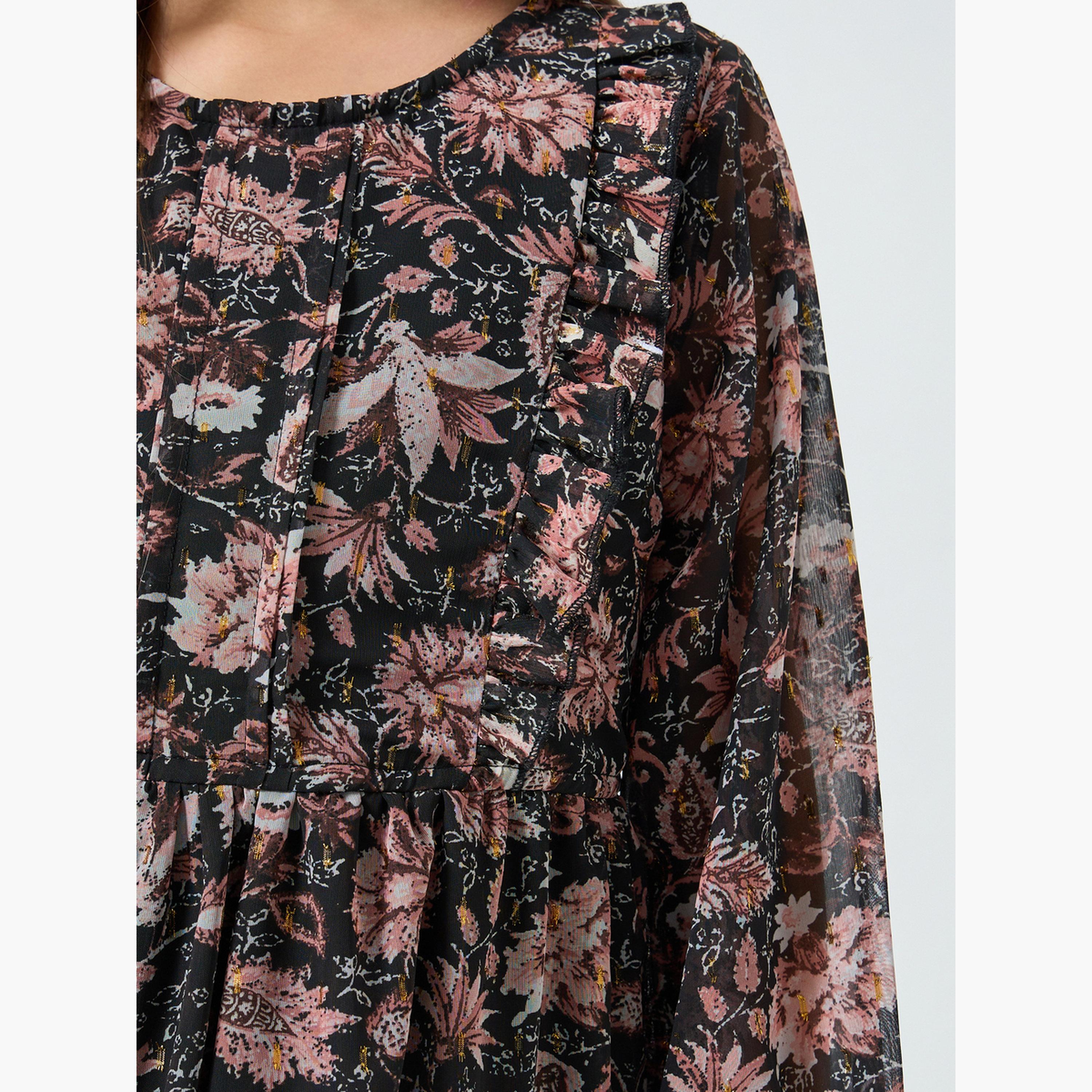 Styli Girls Black Floral Print Long Sleeve Dress-girls-clothing-dressesandjumpsuits-image-4