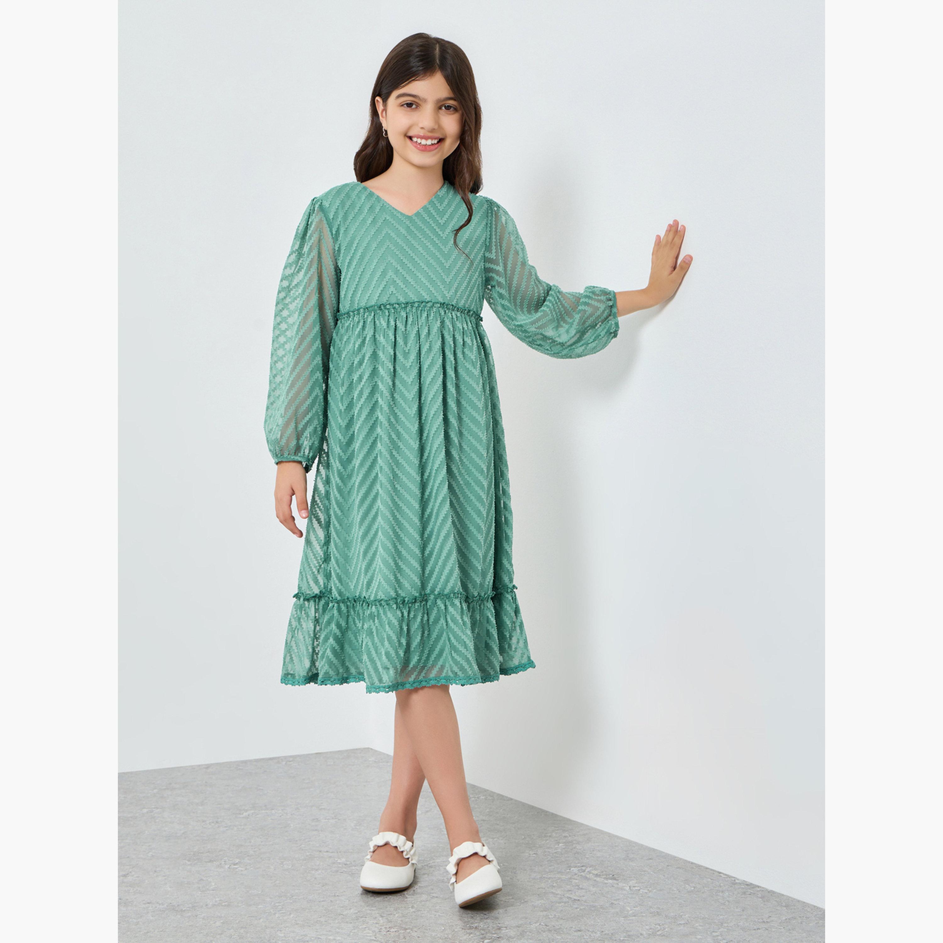 Styli Girls Green Balloon Sleeve Ruffled Hem Dress-girls-clothing-dressesandjumpsuits-image-1