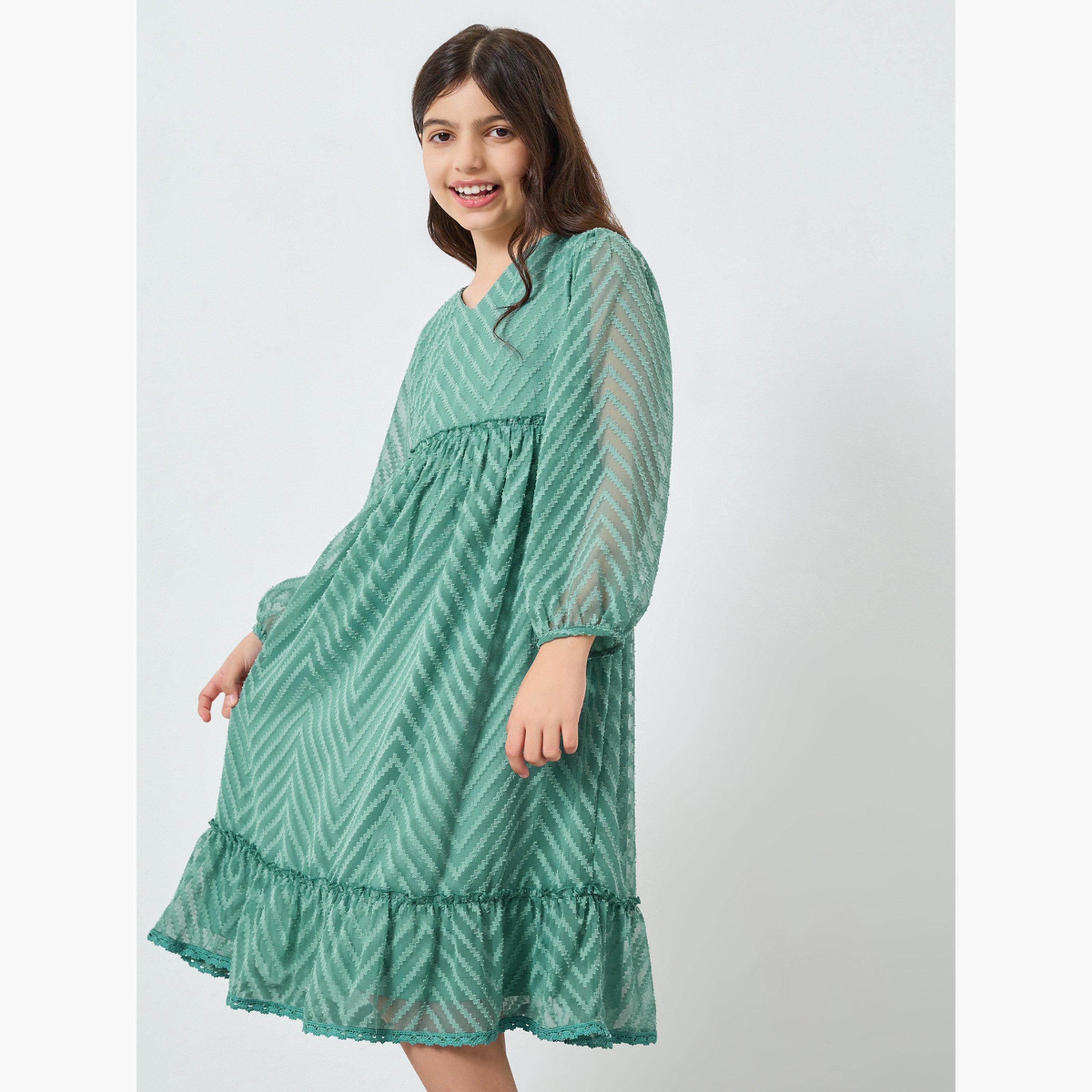 Styli Girls Green Balloon Sleeve Ruffled Hem Dress-girls-clothing-dressesandjumpsuits-image-2