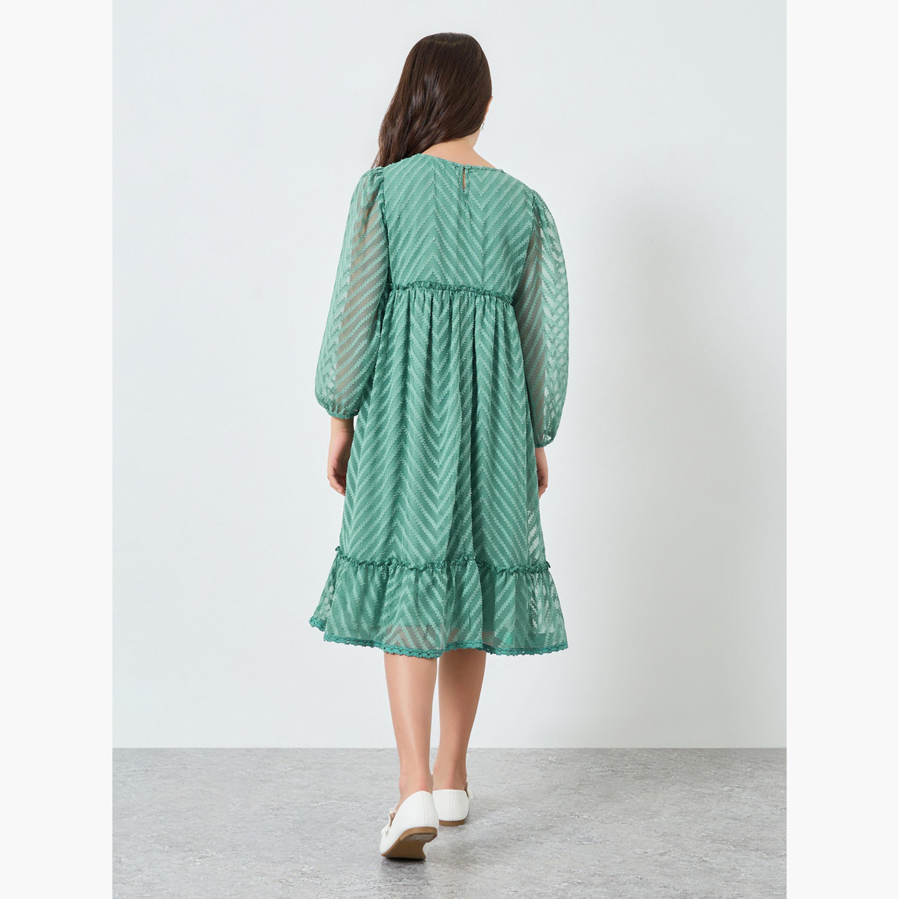 Styli Girls Green Balloon Sleeve Ruffled Hem Dress-girls-clothing-dressesandjumpsuits-image-3
