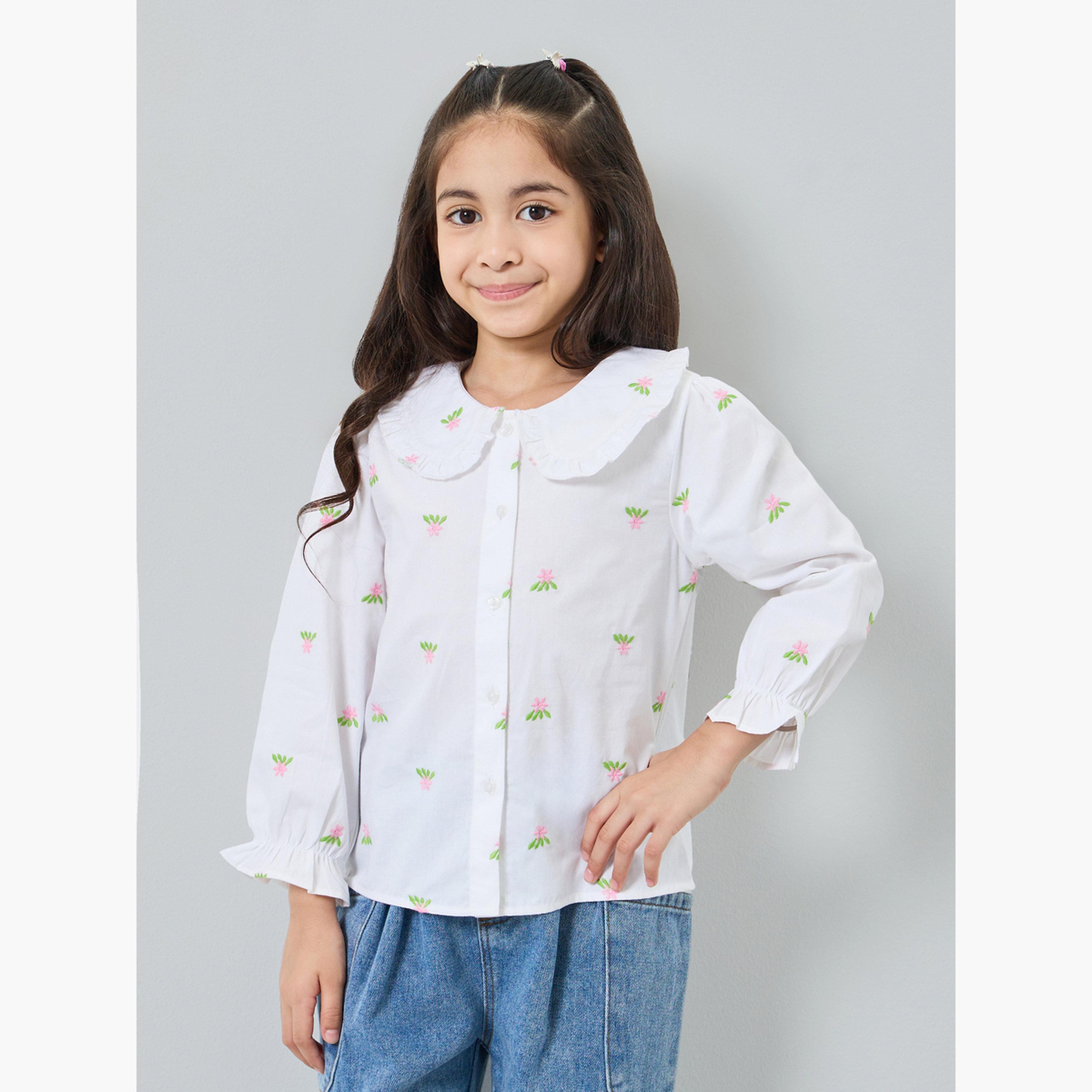 بلوزة قطن مطرزة بياقة بيتر بان-girls-clothing-blousesandshirts-image-4