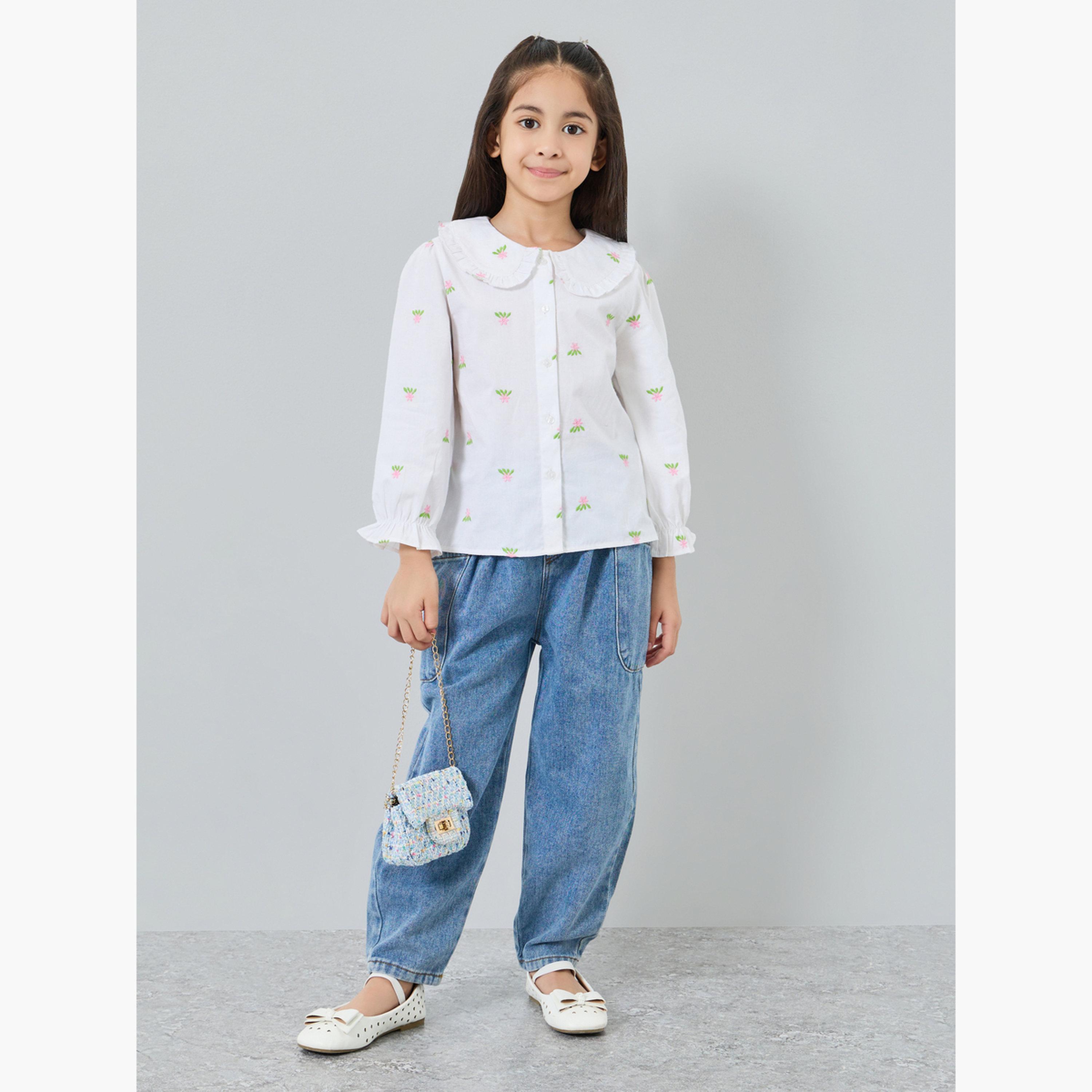 بلوزة قطن مطرزة بياقة بيتر بان-girls-clothing-blousesandshirts-image-3