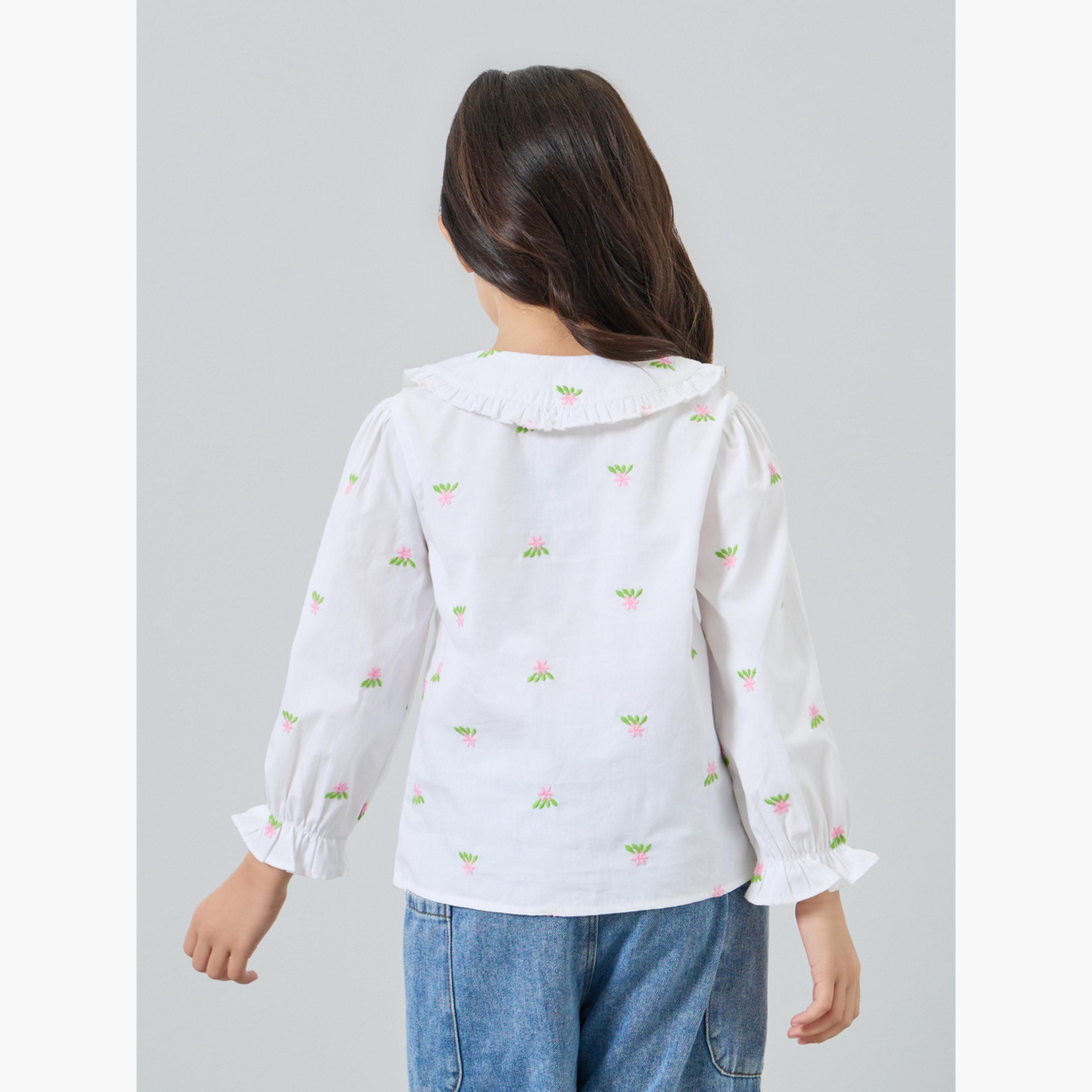بلوزة قطن مطرزة بياقة بيتر بان-girls-clothing-blousesandshirts-image-1