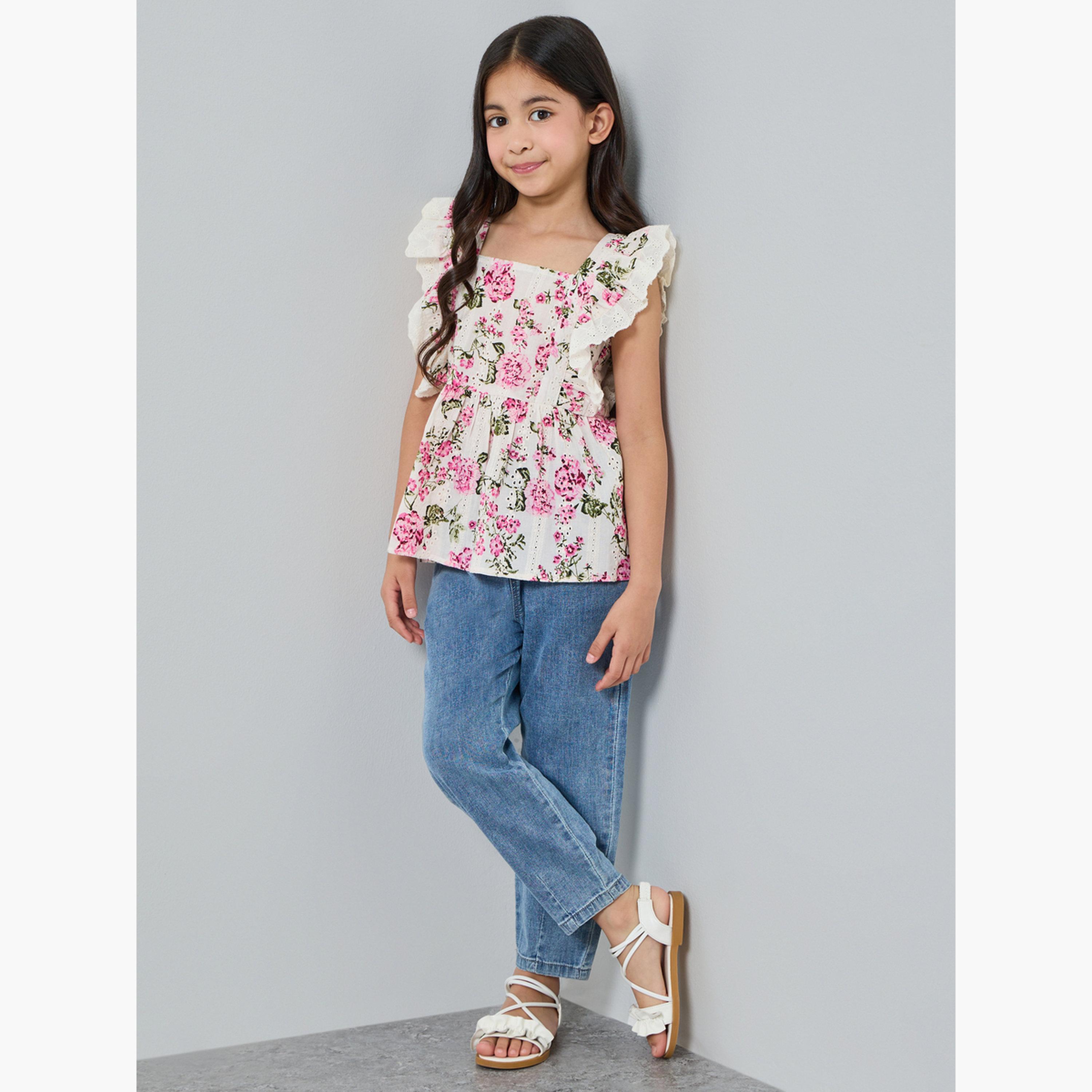 Styli Girls Floral Print Ruffle Sleeve Top-girls-clothing-blousesandshirts-image-2
