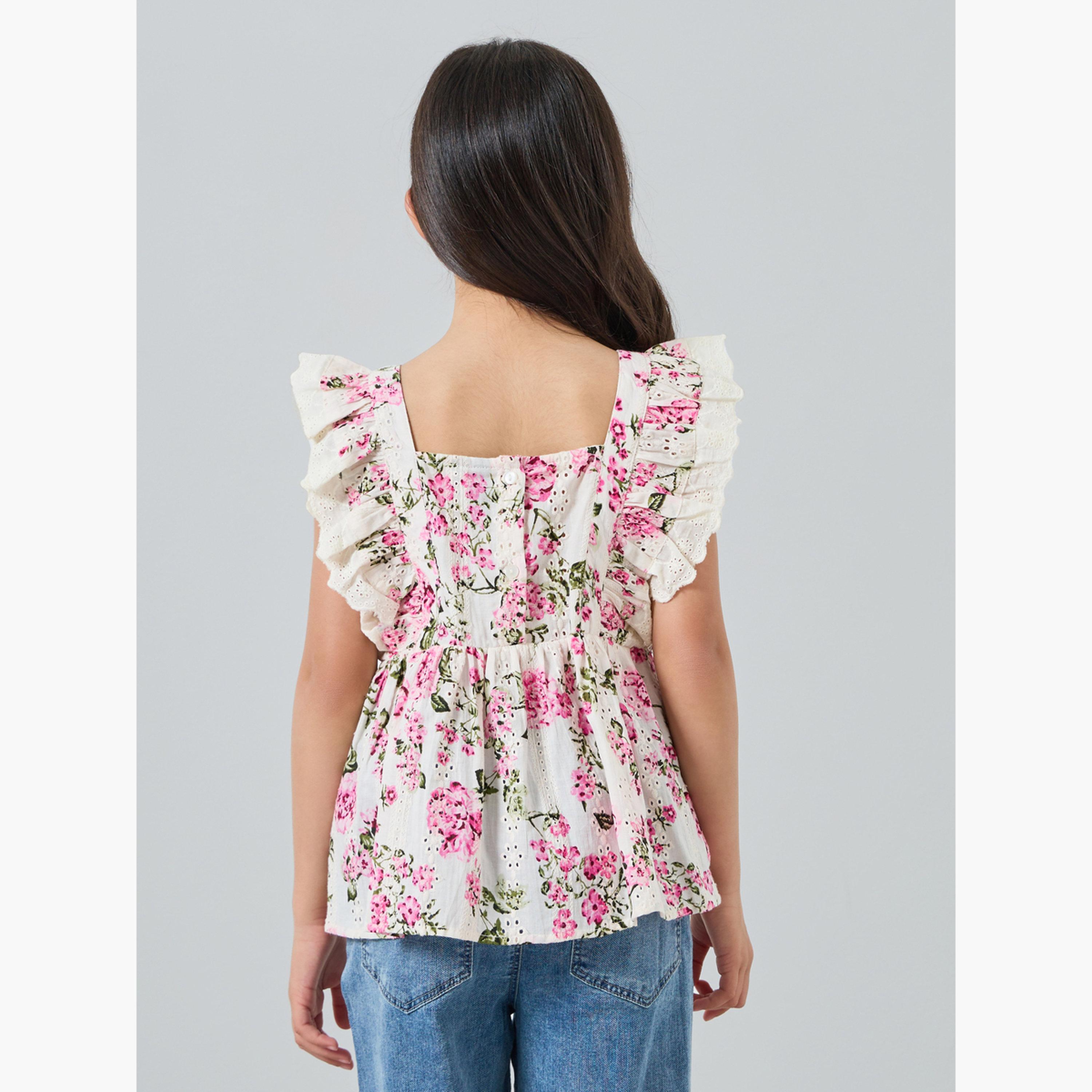 Styli Girls Floral Print Ruffle Sleeve Top-girls-clothing-blousesandshirts-image-3