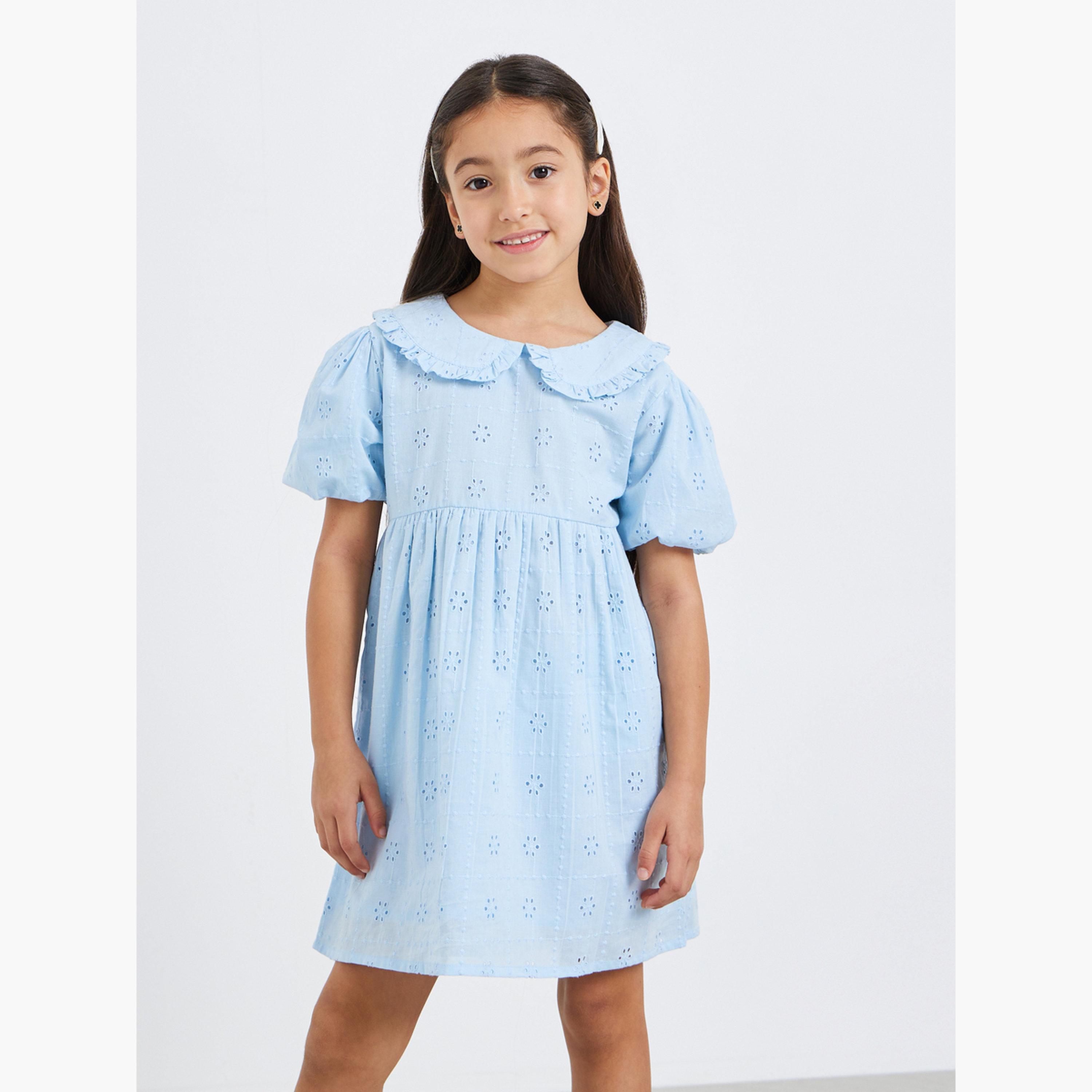 فستان قصير بأكمام منفوخة وتطريز شيفلي للبنات-girls-clothing-dressesandjumpsuits-image-1