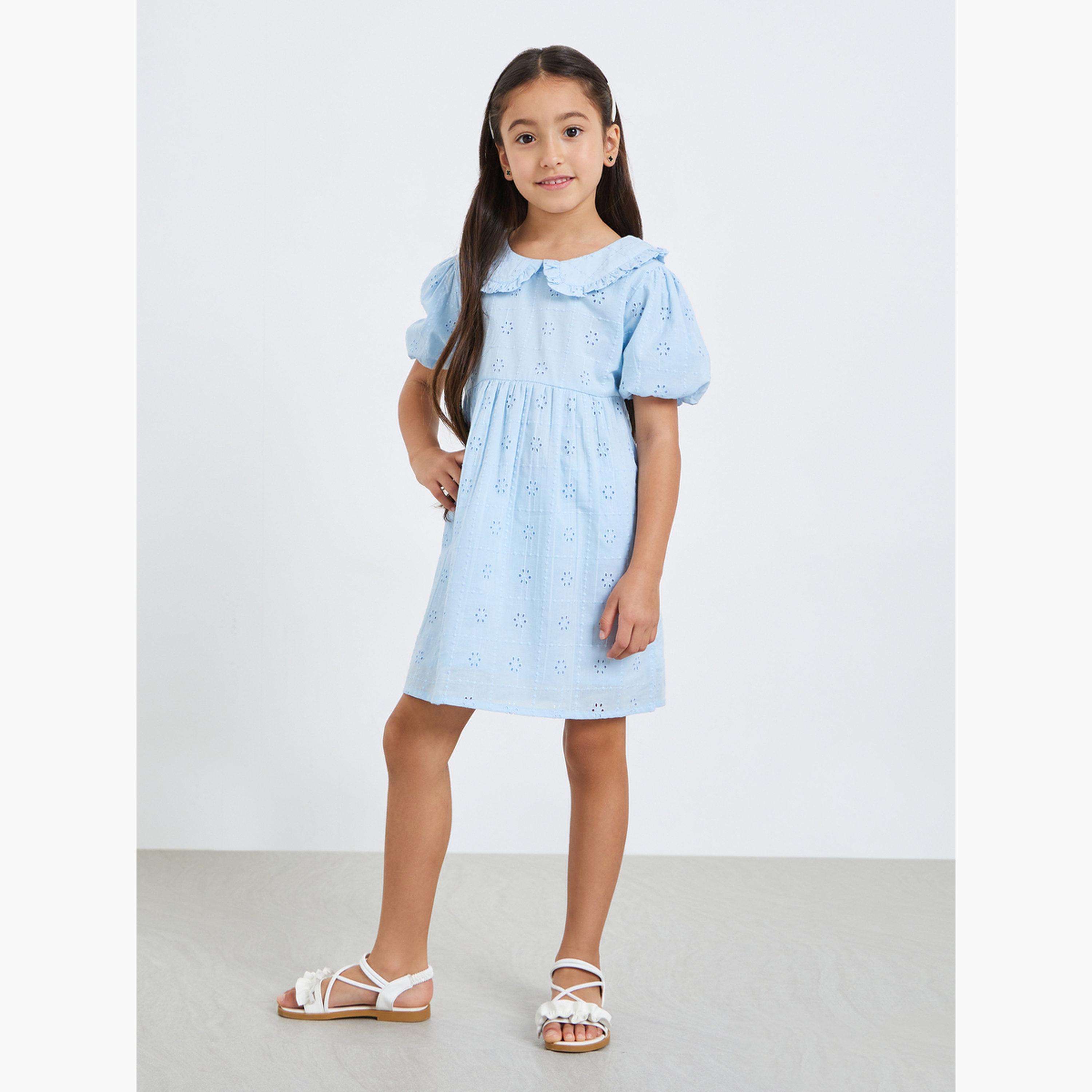 فستان قصير بأكمام منفوخة وتطريز شيفلي للبنات-girls-clothing-dressesandjumpsuits-image-2