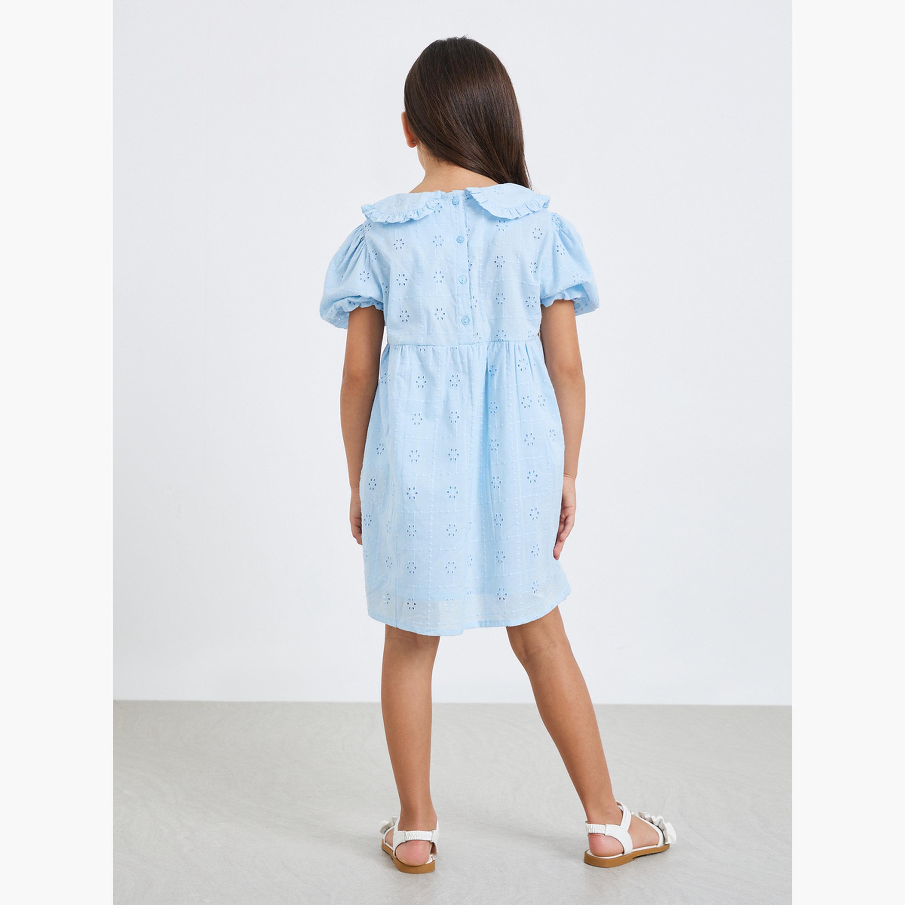 فستان قصير بأكمام منفوخة وتطريز شيفلي للبنات-girls-clothing-dressesandjumpsuits-image-3