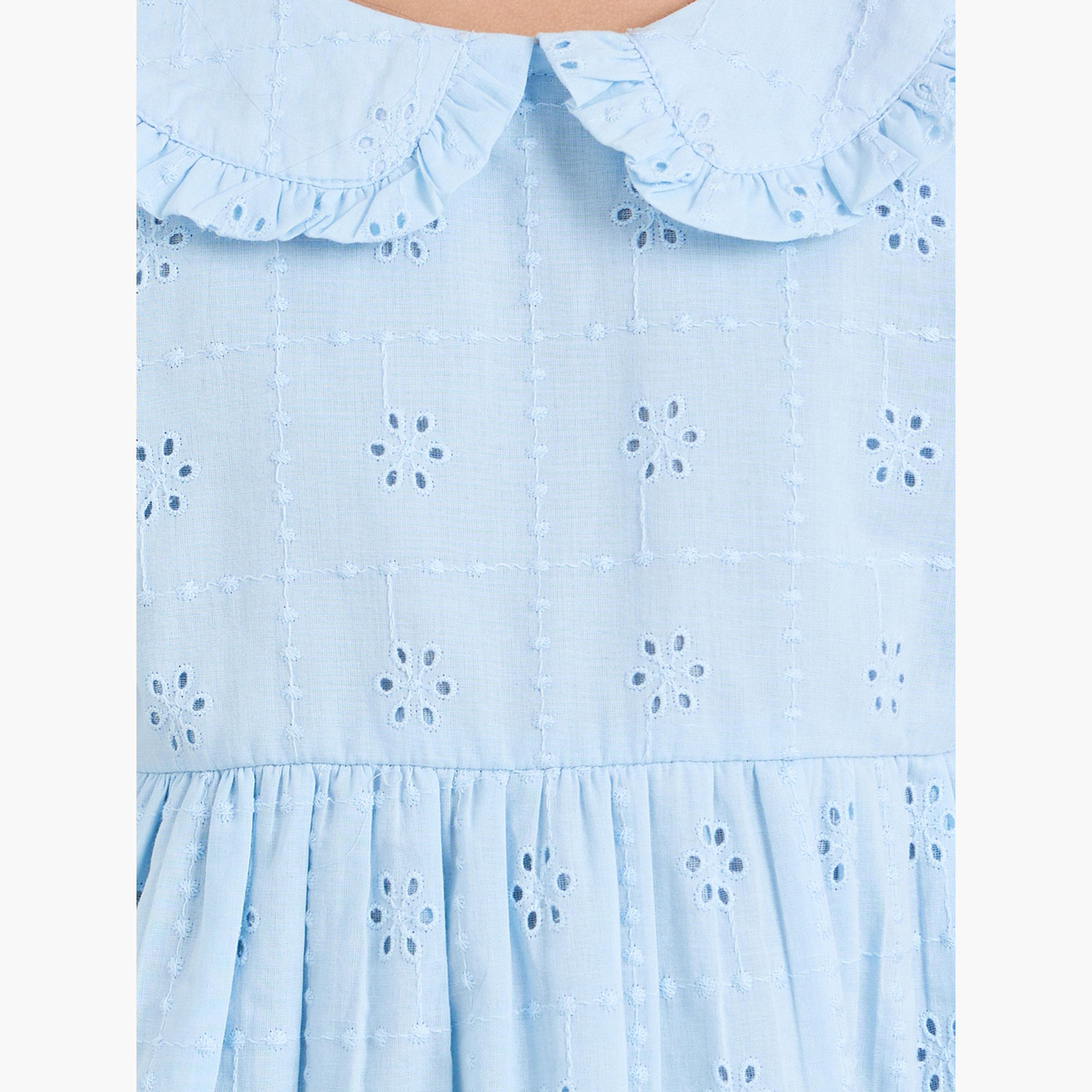 فستان قصير بأكمام منفوخة وتطريز شيفلي للبنات-girls-clothing-dressesandjumpsuits-image-4