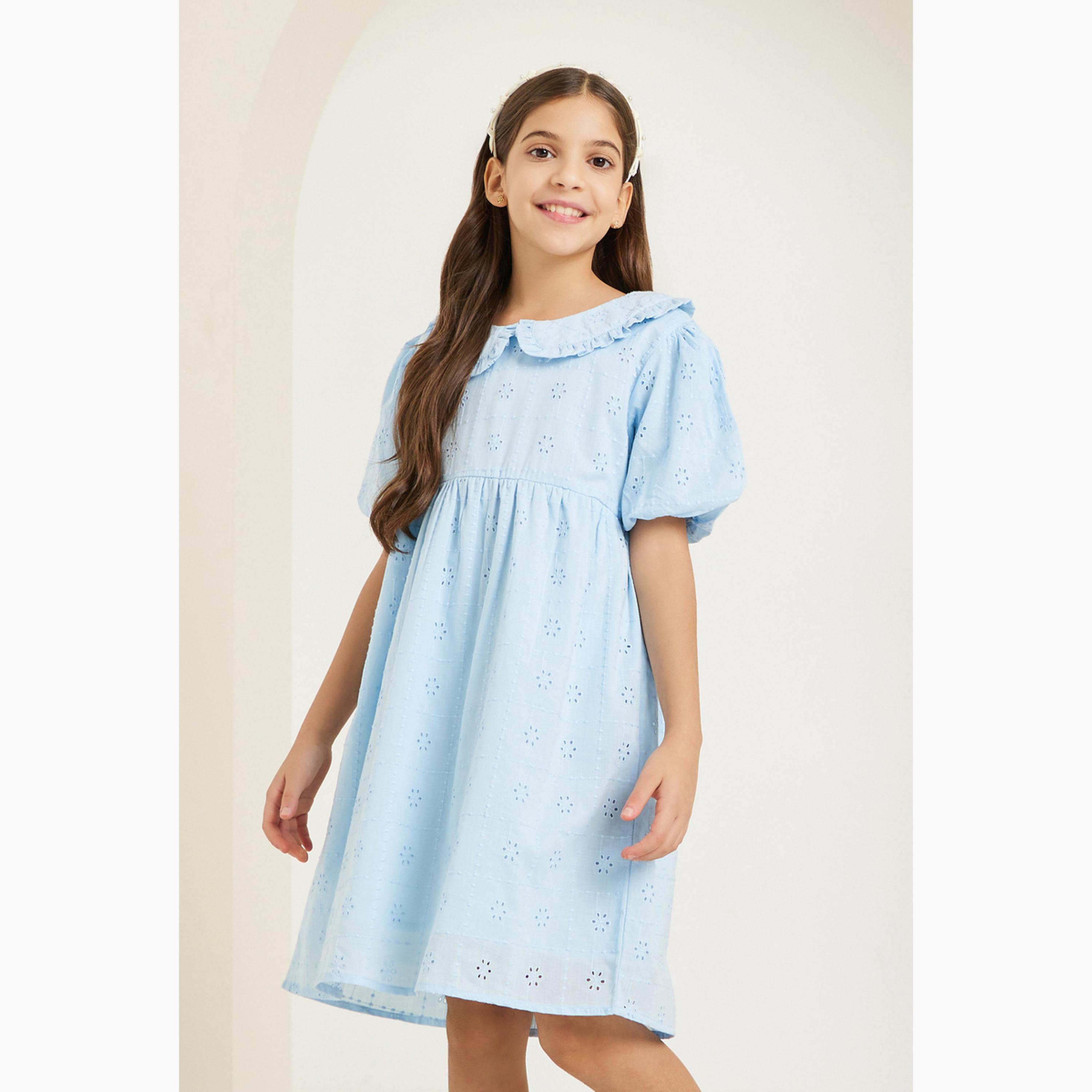 فستان ميدي بأكمام منفوخة وتطريز شيفلي للبنات-girls-clothing-dressesandjumpsuits-image-1