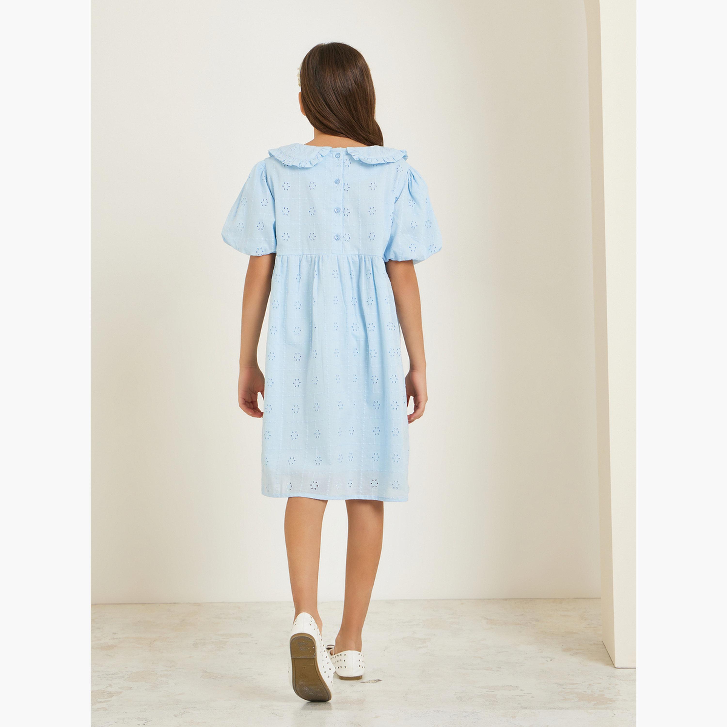 فستان ميدي بأكمام منفوخة وتطريز شيفلي للبنات-girls-clothing-dressesandjumpsuits-image-3