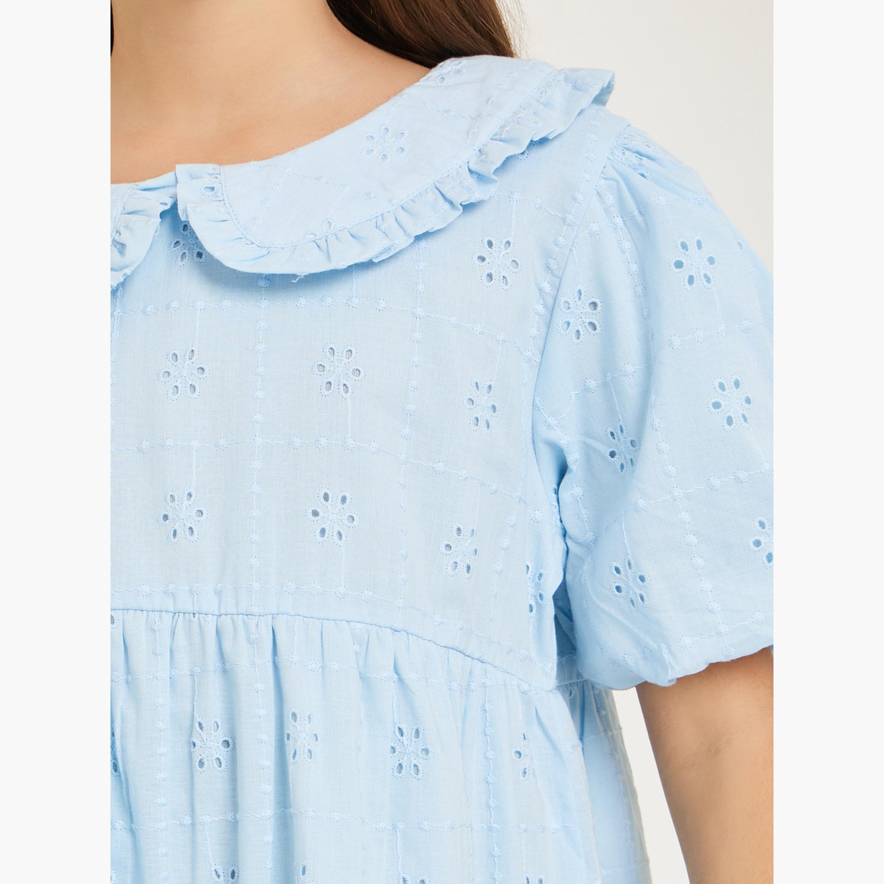 فستان ميدي بأكمام منفوخة وتطريز شيفلي للبنات-girls-clothing-dressesandjumpsuits-image-4