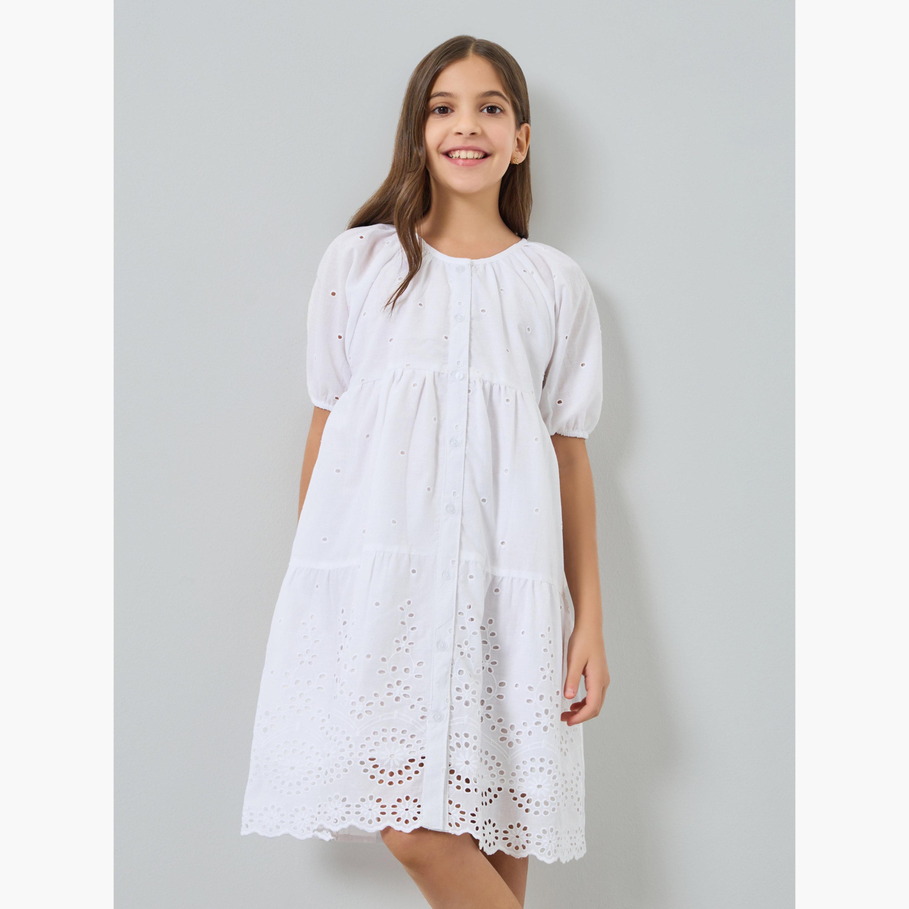 فستان ميدي مطرز بحافة واسعة للبنات-girls-clothing-dressesandjumpsuits-image-1