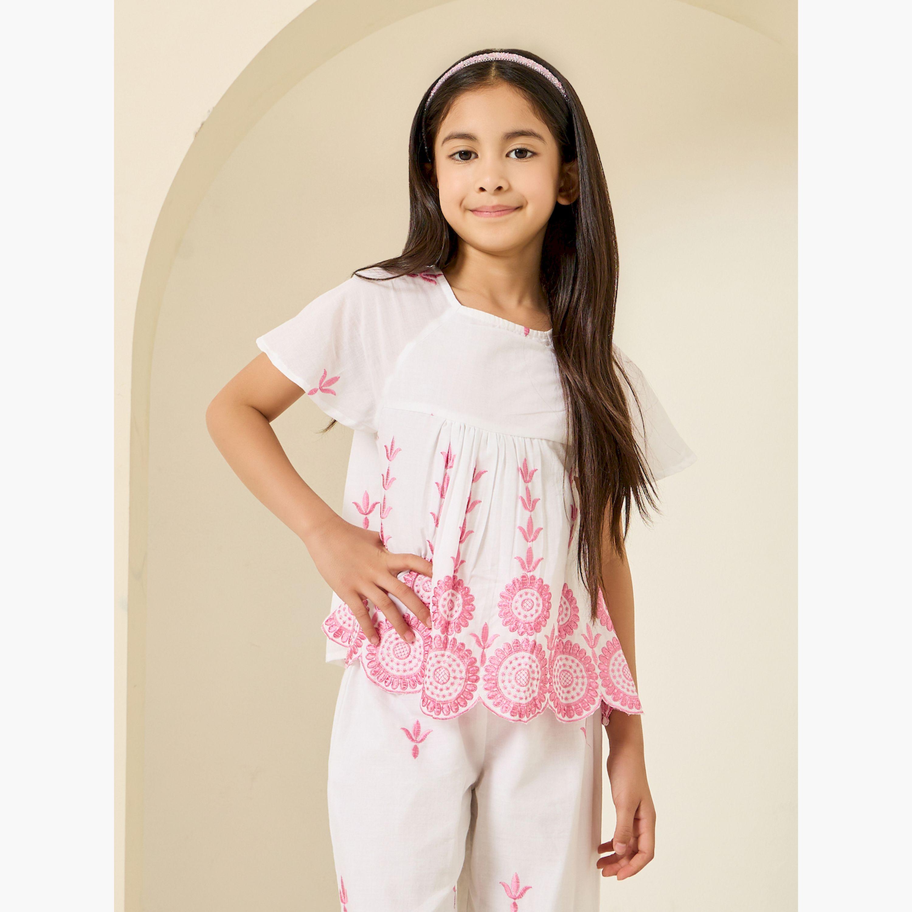 Styli Girls White Cotton Embroidered Top and Pants Set-girls-clothing-setsandcoords-image-2