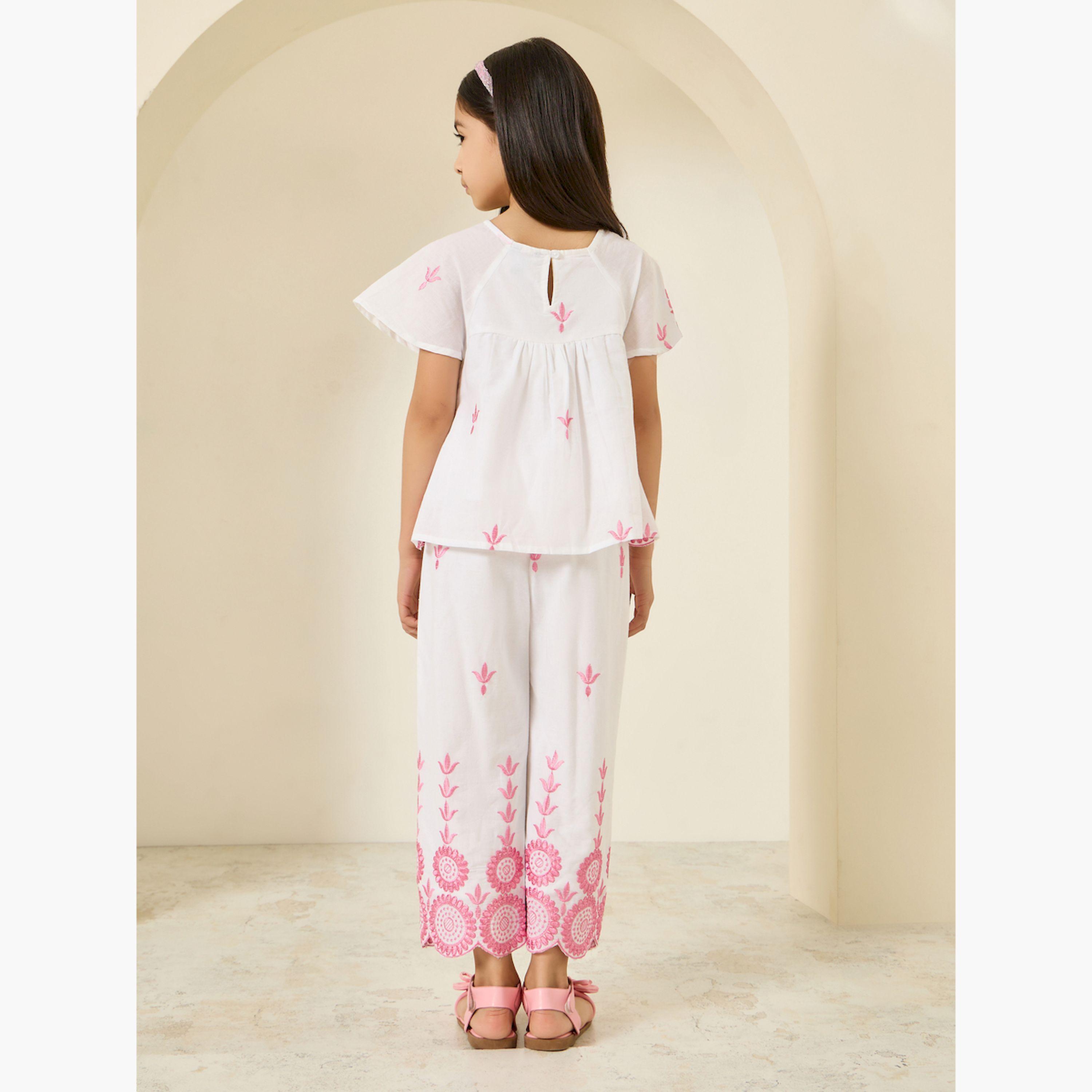 Styli Girls White Cotton Embroidered Top and Pants Set-girls-clothing-setsandcoords-image-3