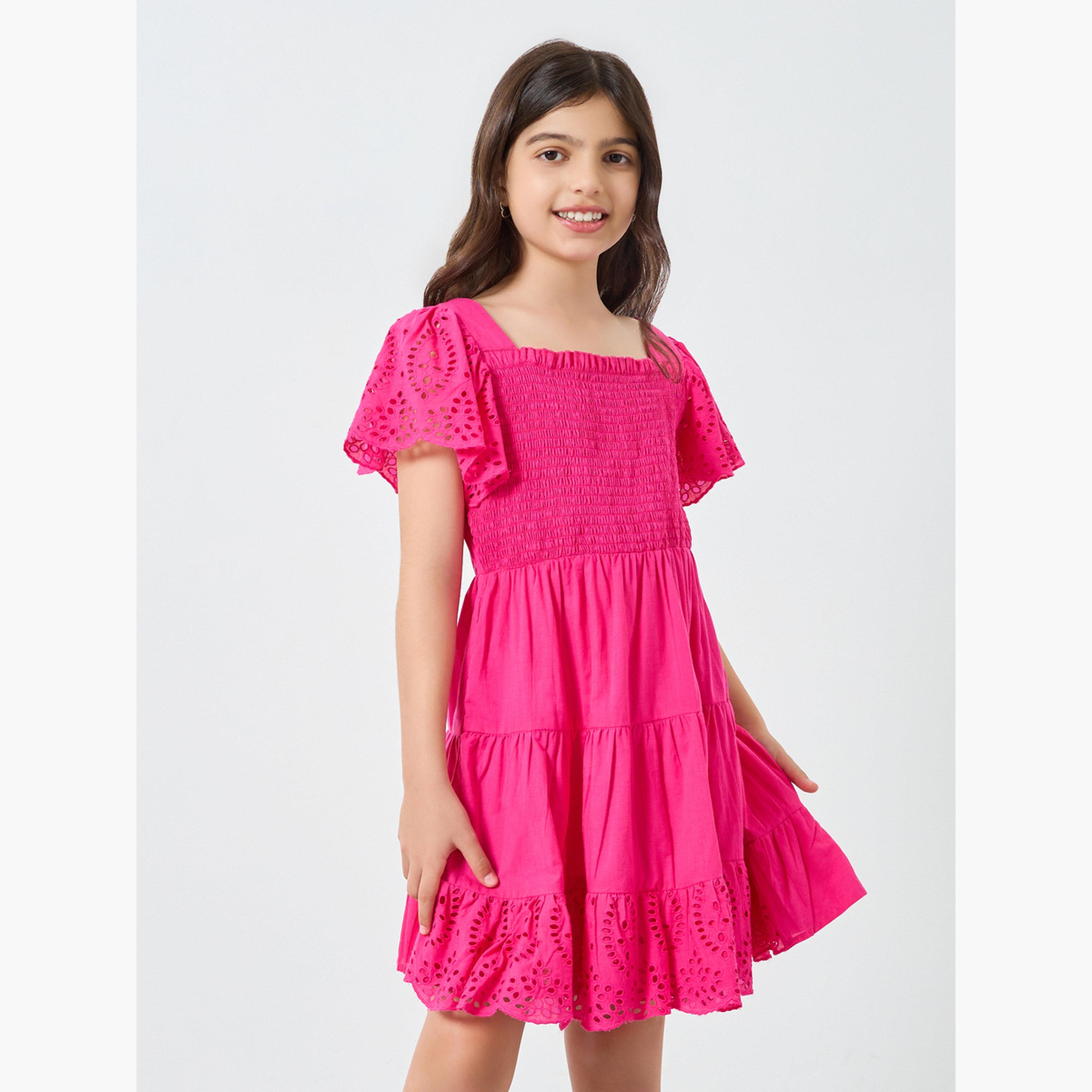 فستان قصير بخصر مزموم للبنات-girls-clothing-dressesandjumpsuits-image-1