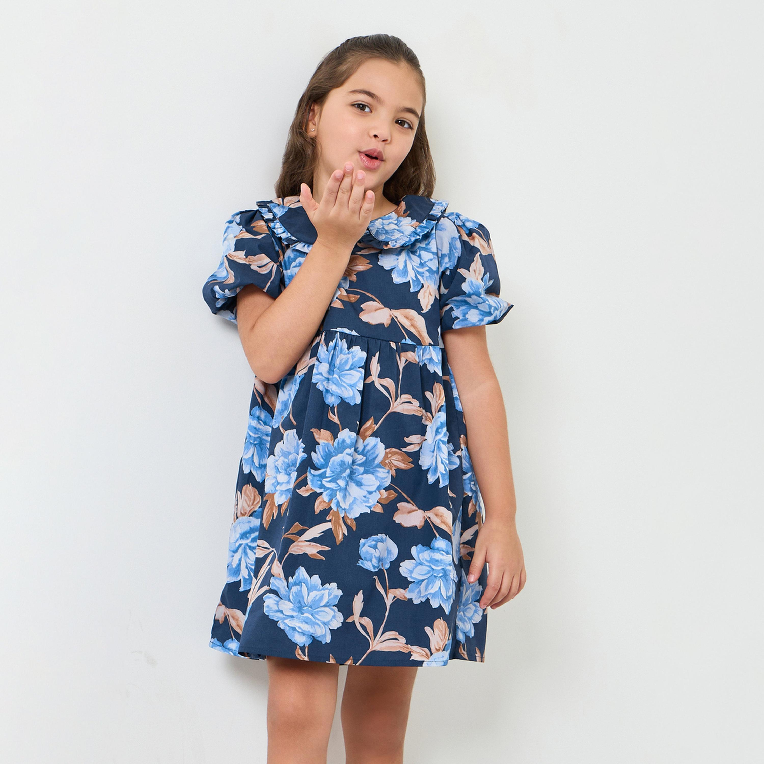 Styli Girls Floral Print Dress with Puff Sleeves-girls-clothing-dressesandjumpsuits-image-1