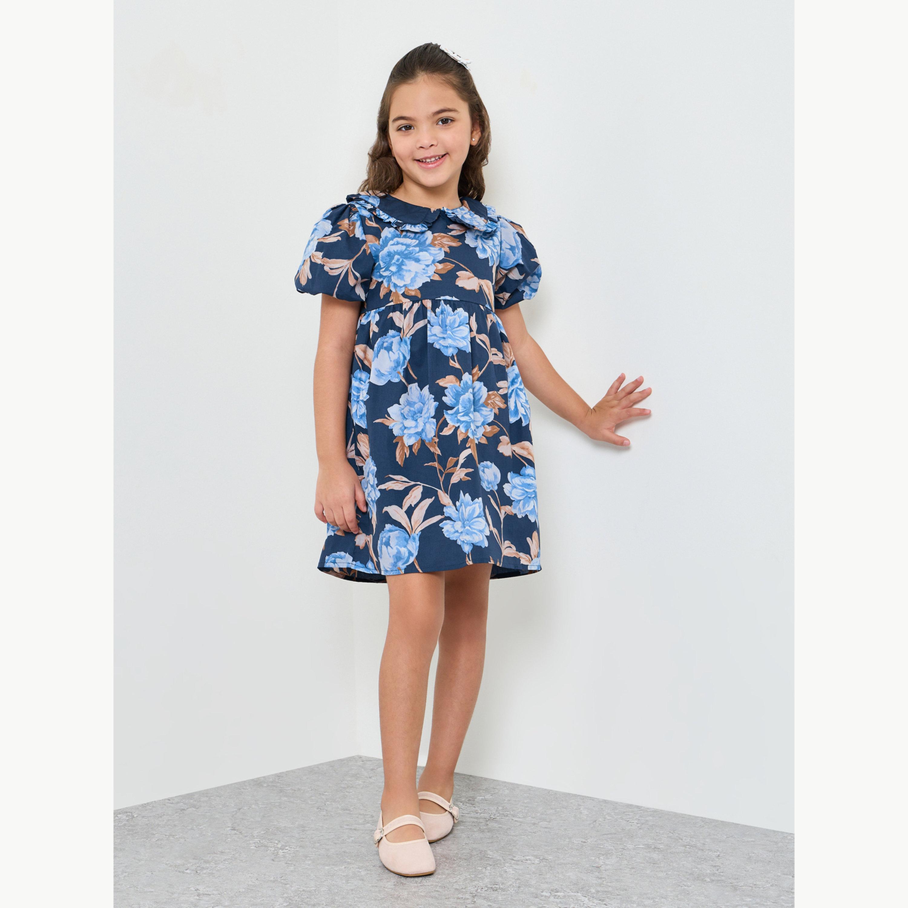Styli Girls Floral Print Dress with Puff Sleeves-girls-clothing-dressesandjumpsuits-image-2