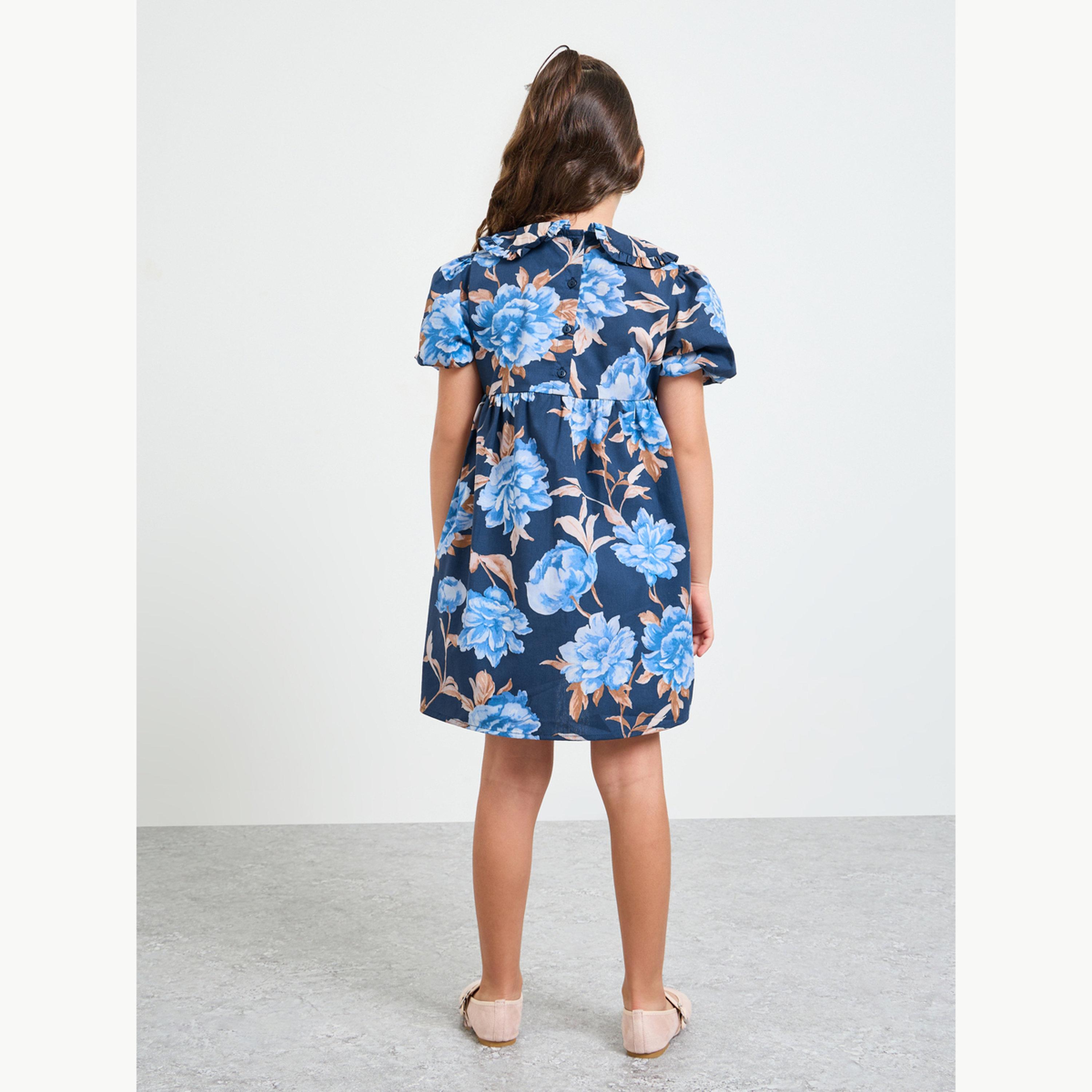 Styli Girls Floral Print Dress with Puff Sleeves-girls-clothing-dressesandjumpsuits-image-3
