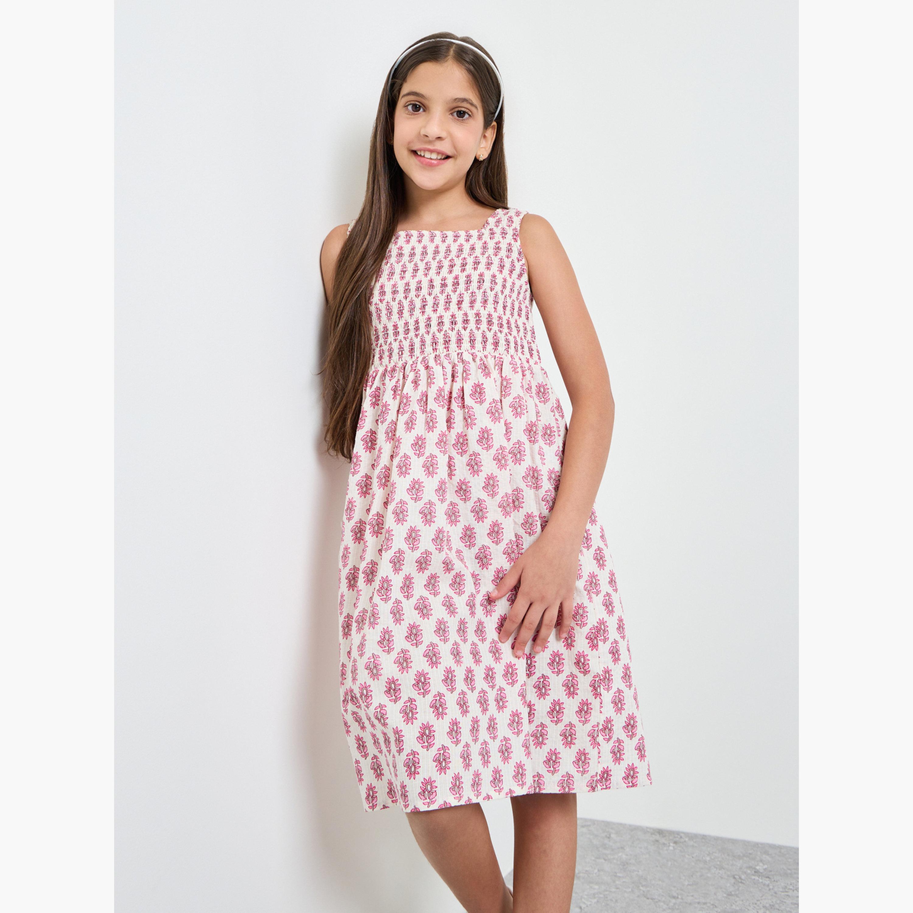 فستان بياقة مربعة وطبعة كاملة للبنات-girls-clothing-dressesandjumpsuits-image-1