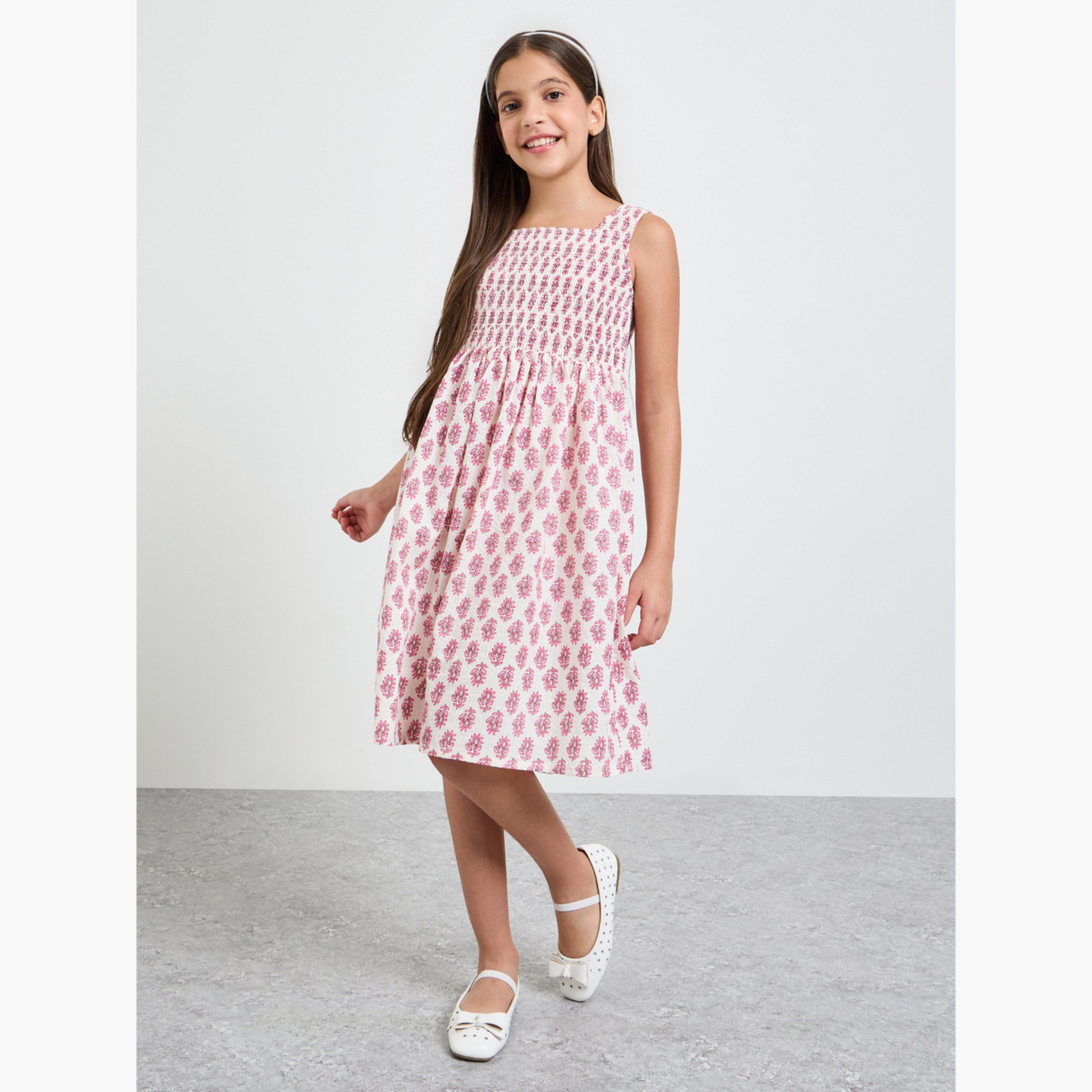 فستان بياقة مربعة وطبعة كاملة للبنات-girls-clothing-dressesandjumpsuits-image-2