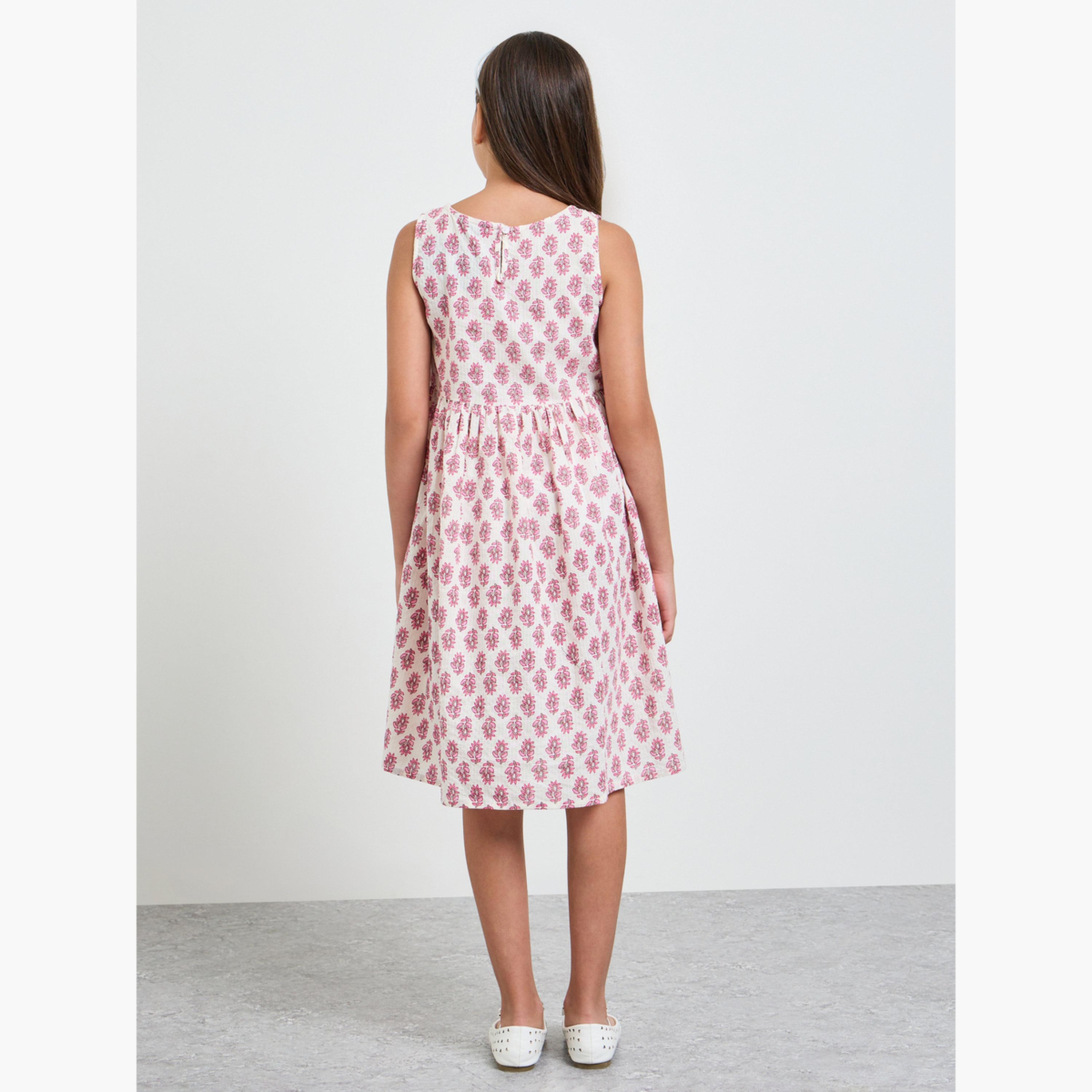 فستان بياقة مربعة وطبعة كاملة للبنات-girls-clothing-dressesandjumpsuits-image-3