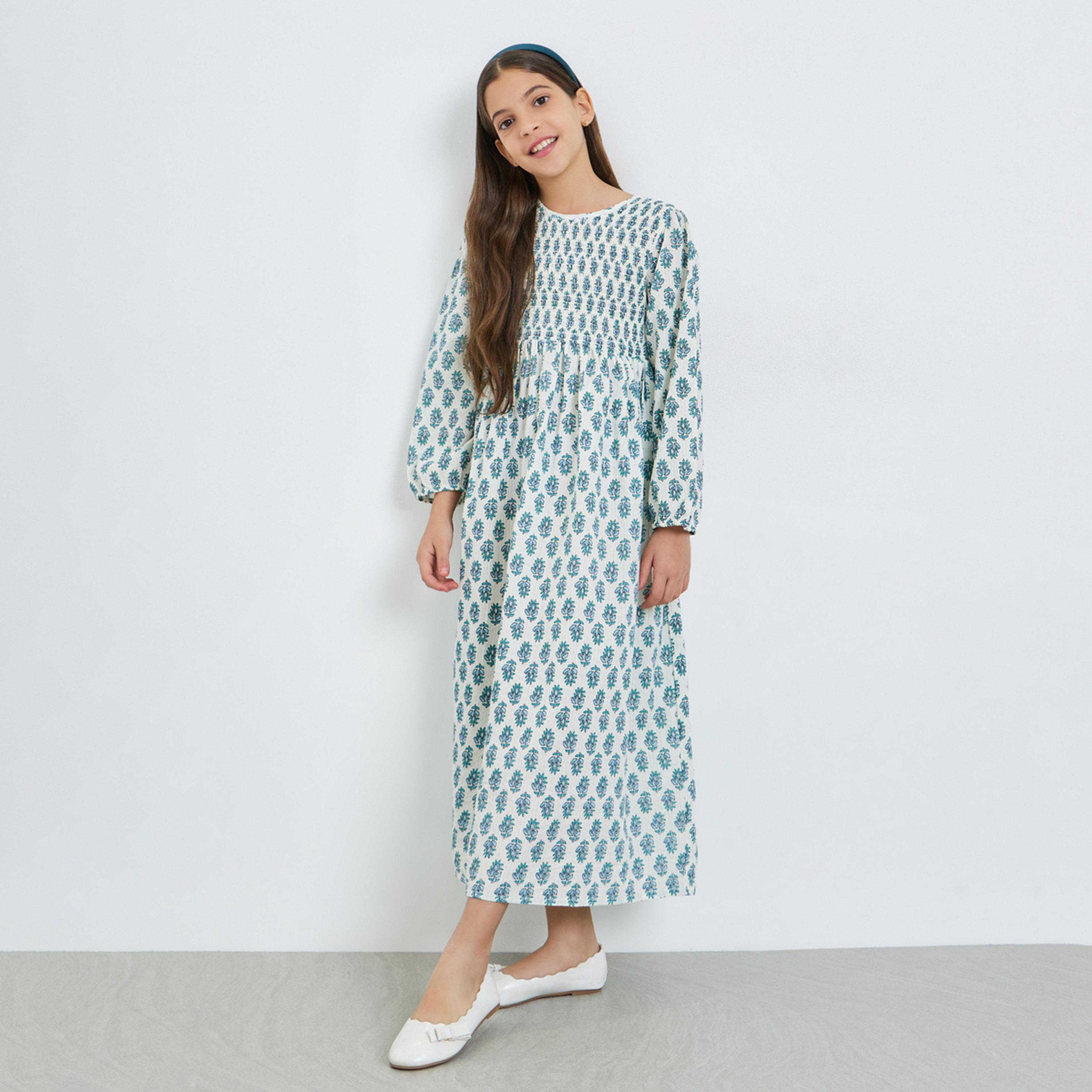 فستان طويل للبنات بحافة واسعة وطبعة زهور-girls-clothing-dressesandjumpsuits-image-1