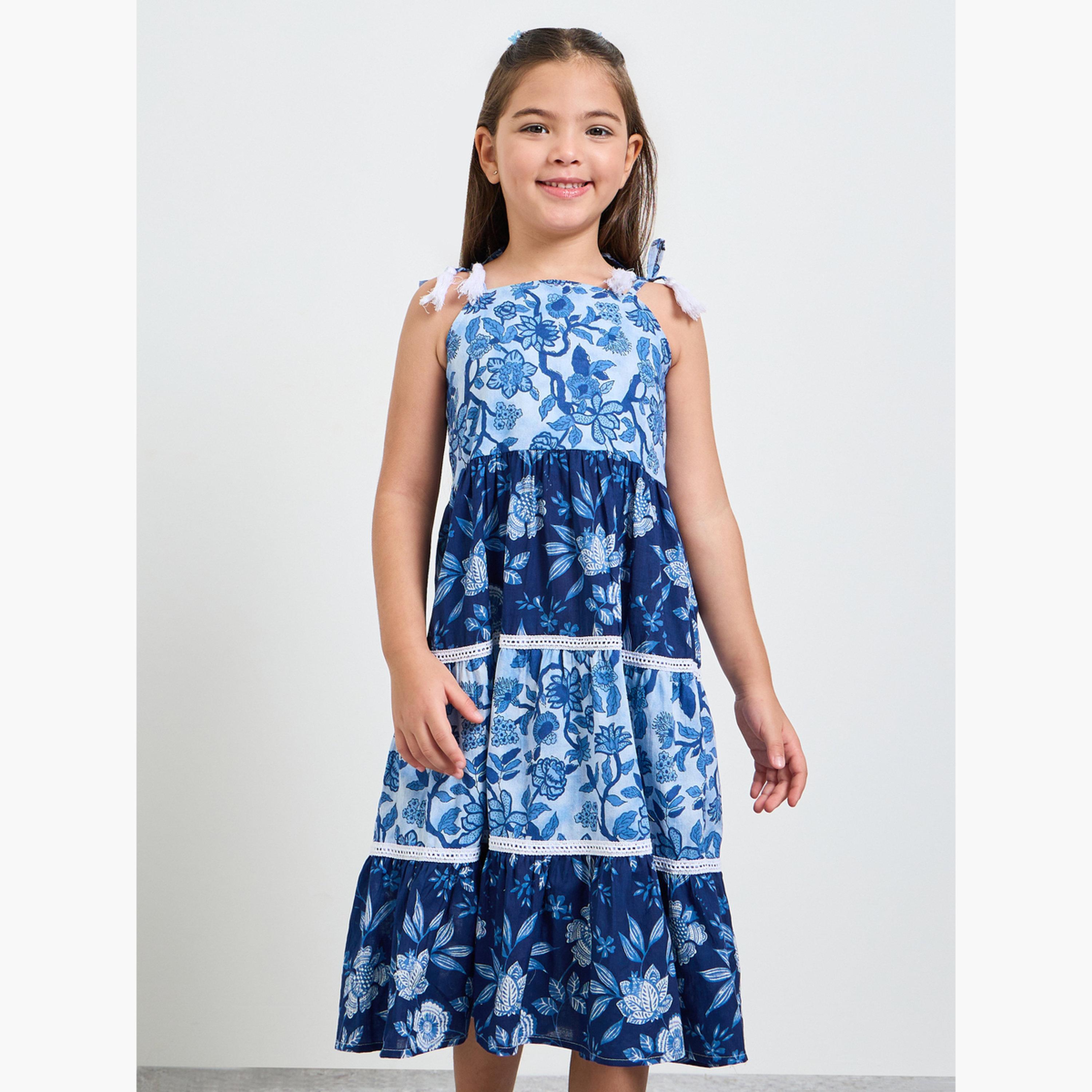 Styli Girls Blue Tiered Dress with Floral Print-girls-clothing-dressesandjumpsuits-image-1