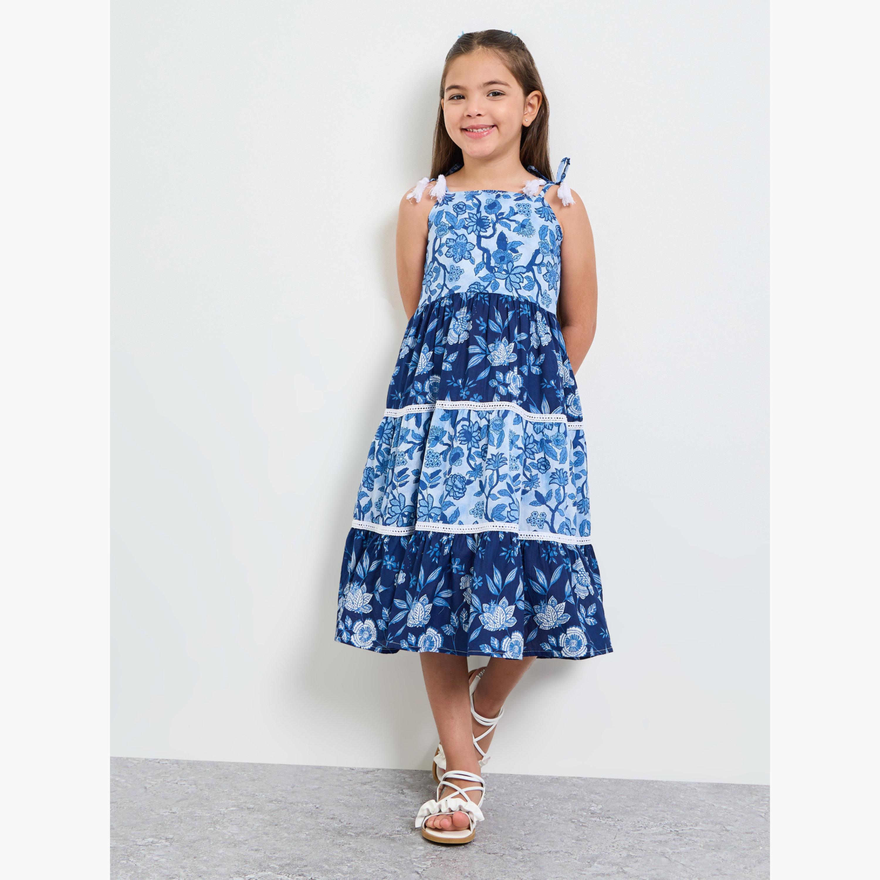 Styli Girls Blue Tiered Dress with Floral Print-girls-clothing-dressesandjumpsuits-image-2