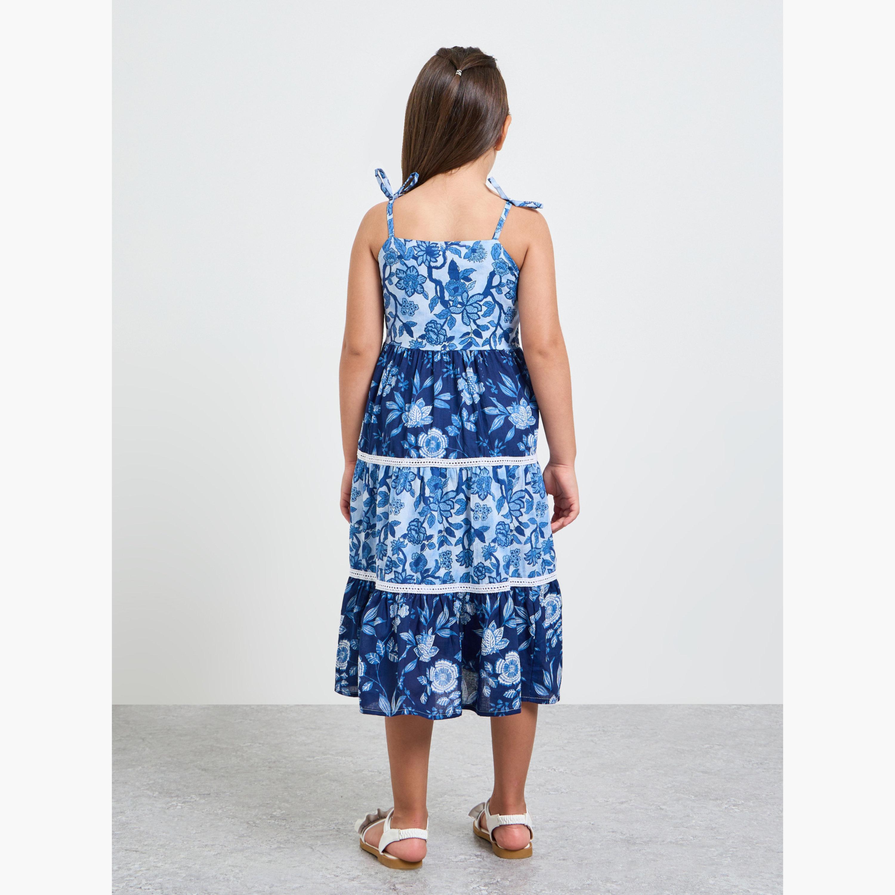 Styli Girls Blue Tiered Dress with Floral Print-girls-clothing-dressesandjumpsuits-image-3