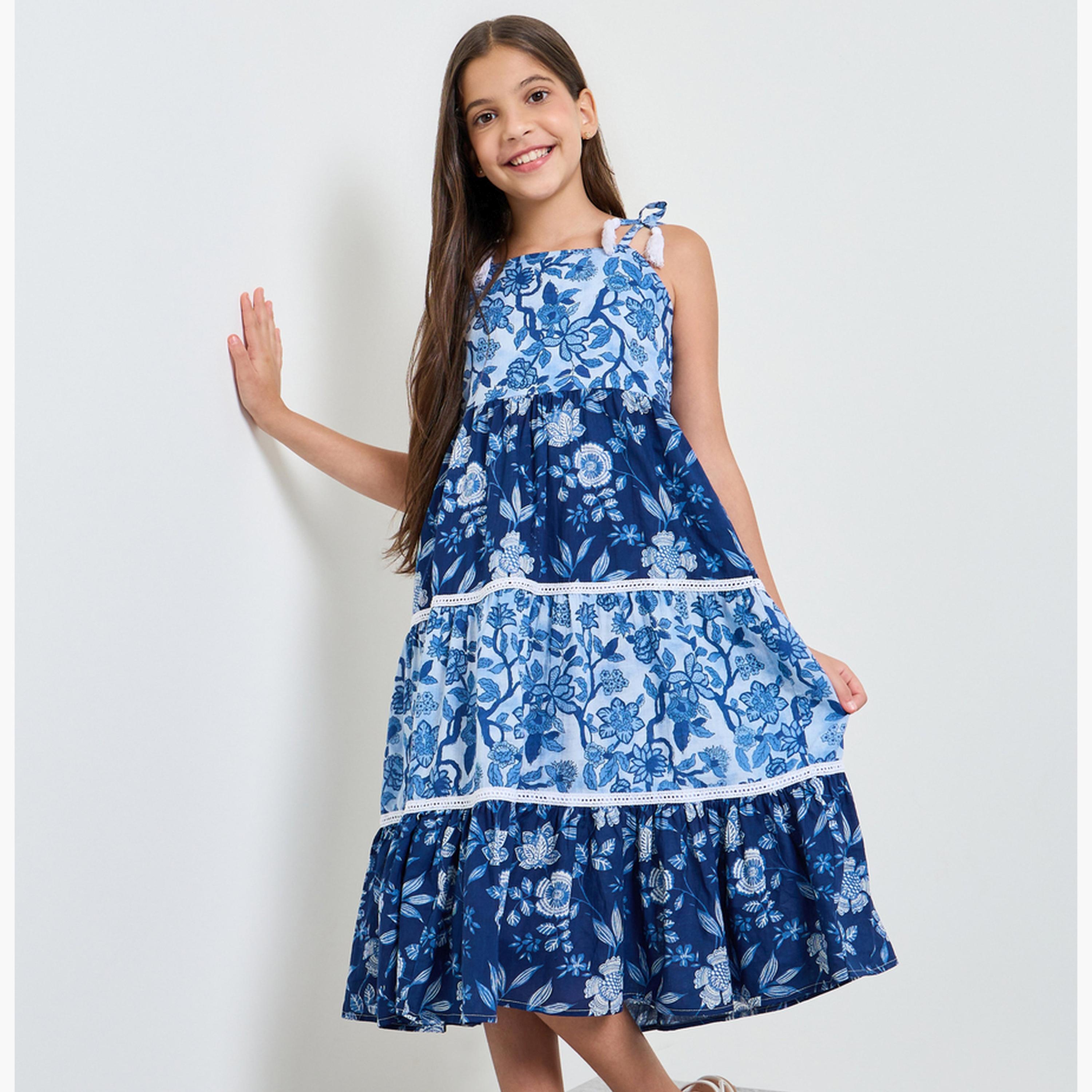 Styli Teen Girls Blue Tiered Dress with Floral Print-girls-clothing-dressesandjumpsuits-image-1