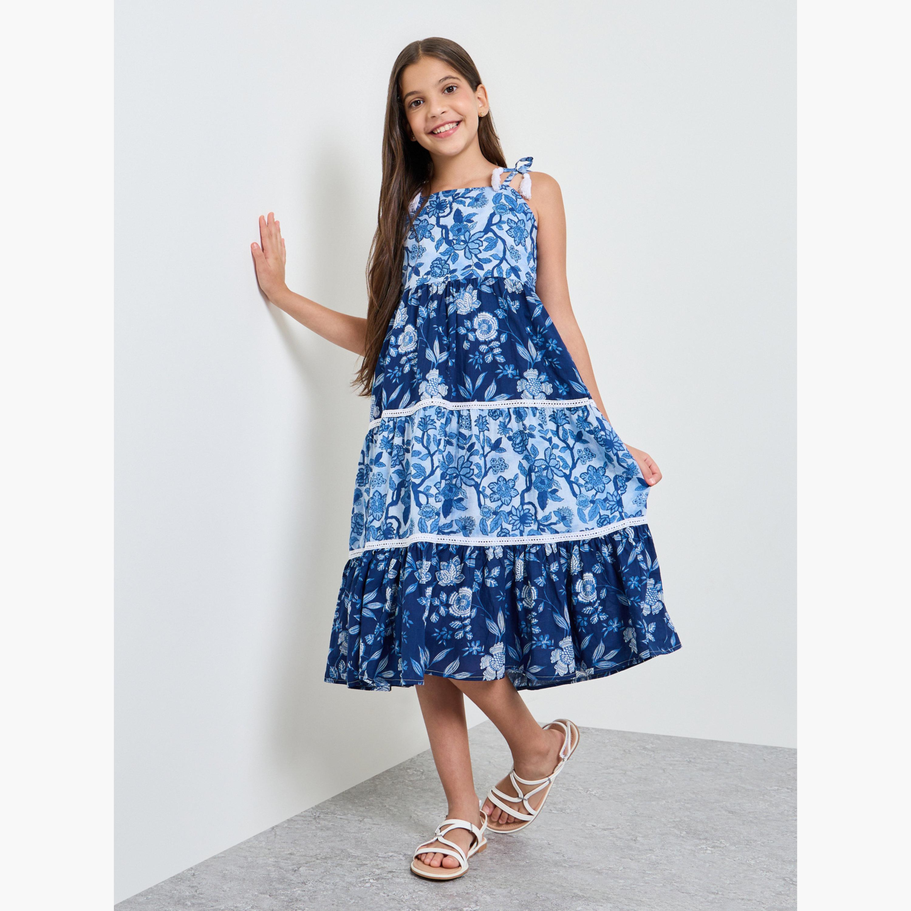 Styli Teen Girls Blue Tiered Dress with Floral Print-girls-clothing-dressesandjumpsuits-image-2