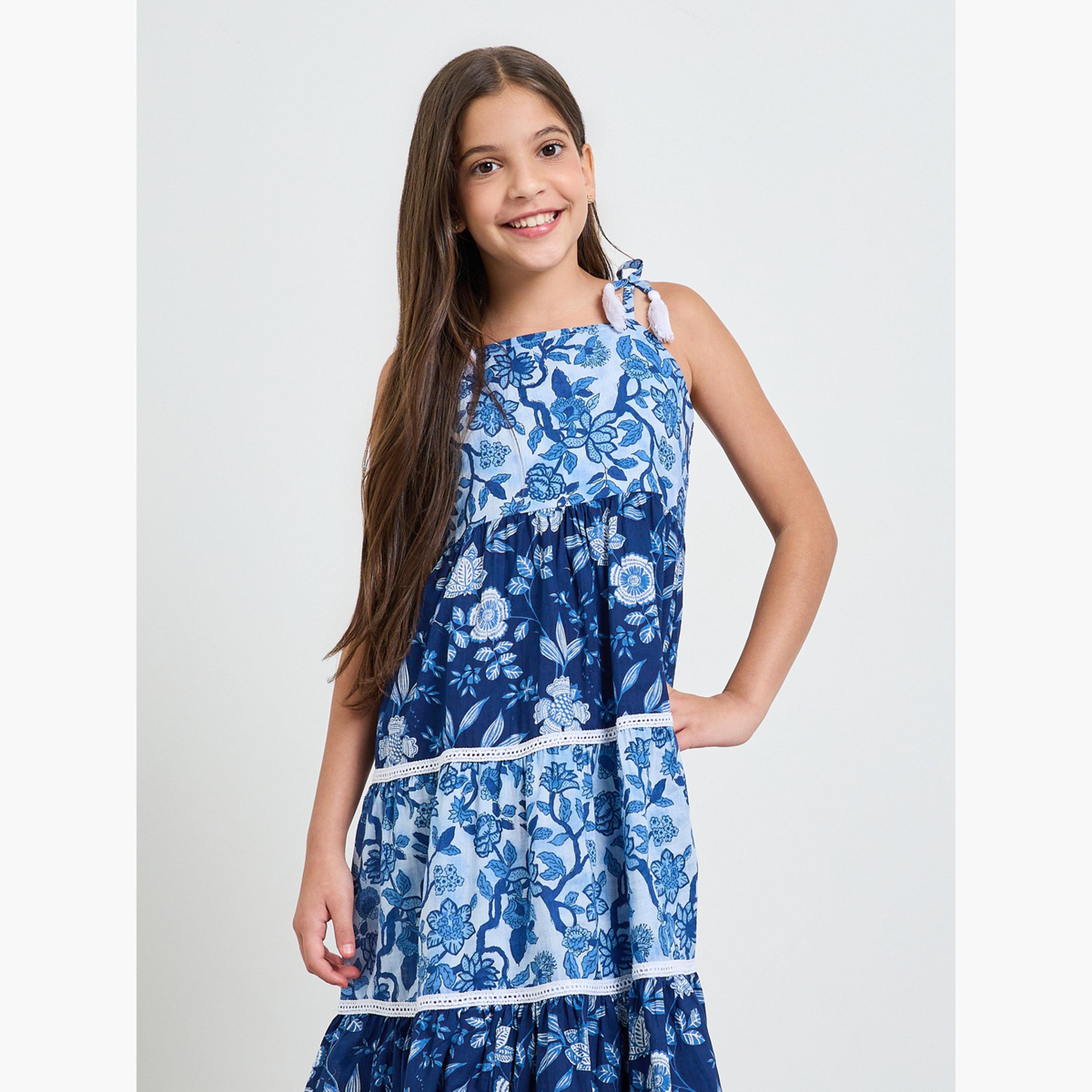 Styli Teen Girls Blue Tiered Dress with Floral Print-girls-clothing-dressesandjumpsuits-image-3