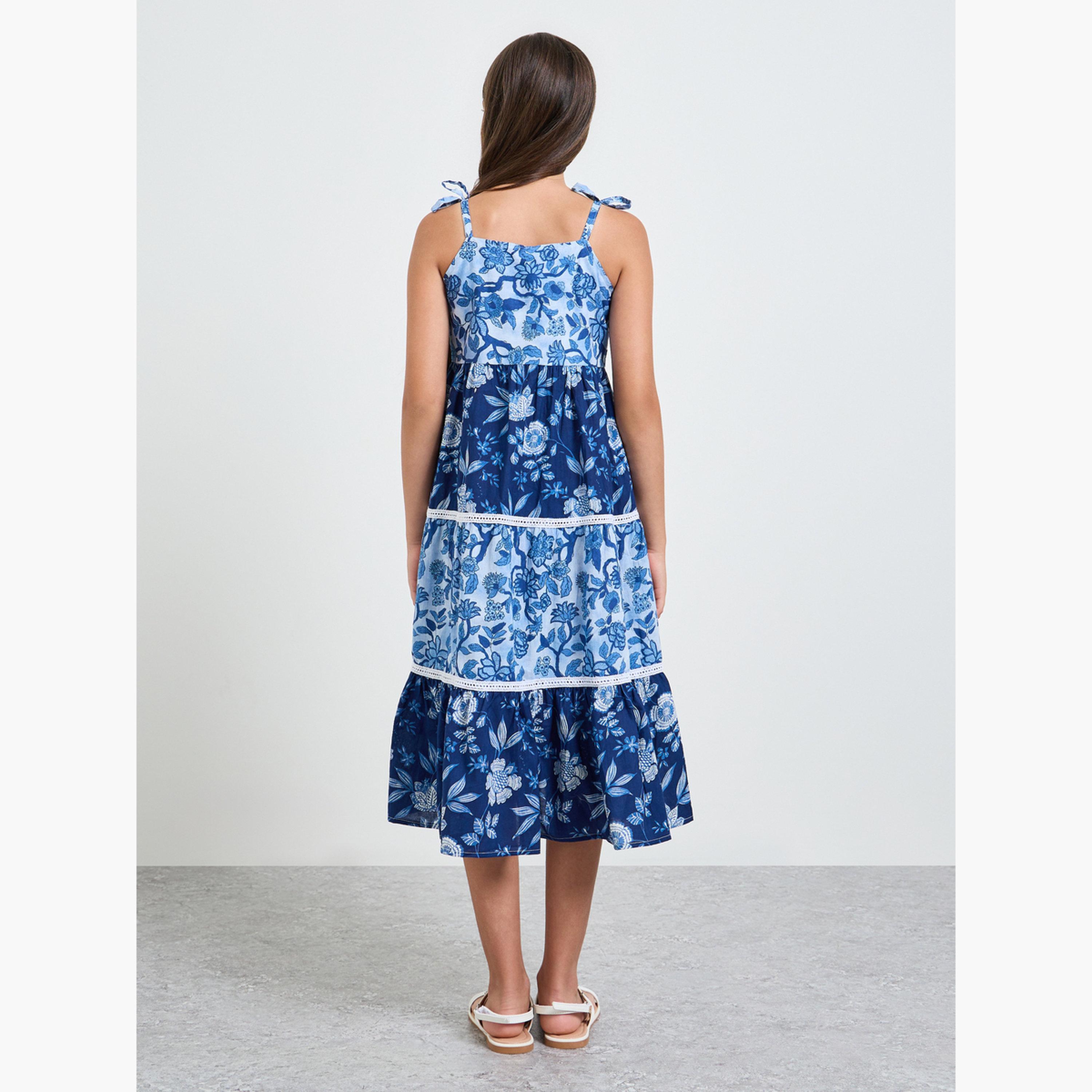 Styli Teen Girls Blue Tiered Dress with Floral Print-girls-clothing-dressesandjumpsuits-image-4