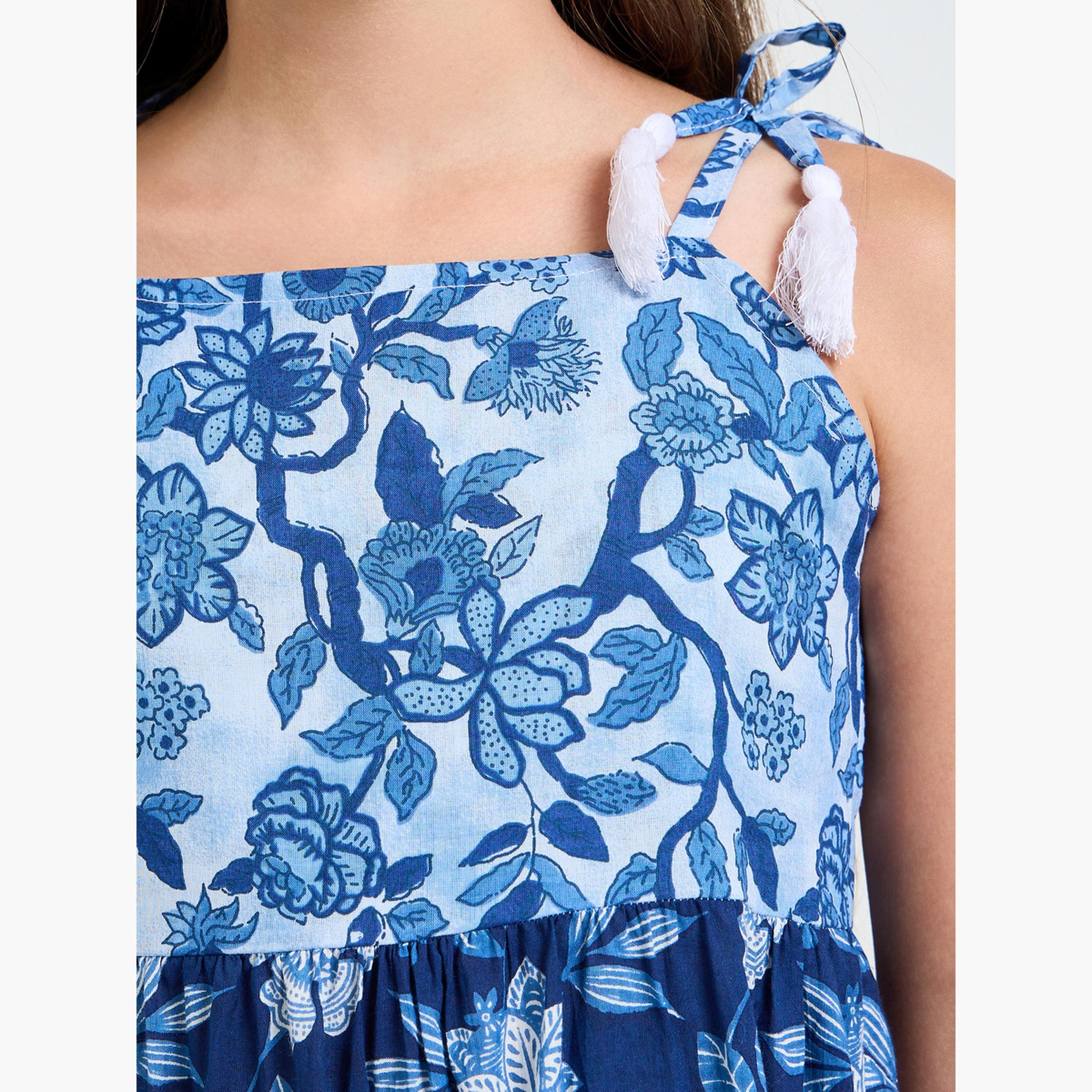 Styli Teen Girls Blue Tiered Dress with Floral Print-girls-clothing-dressesandjumpsuits-image-5