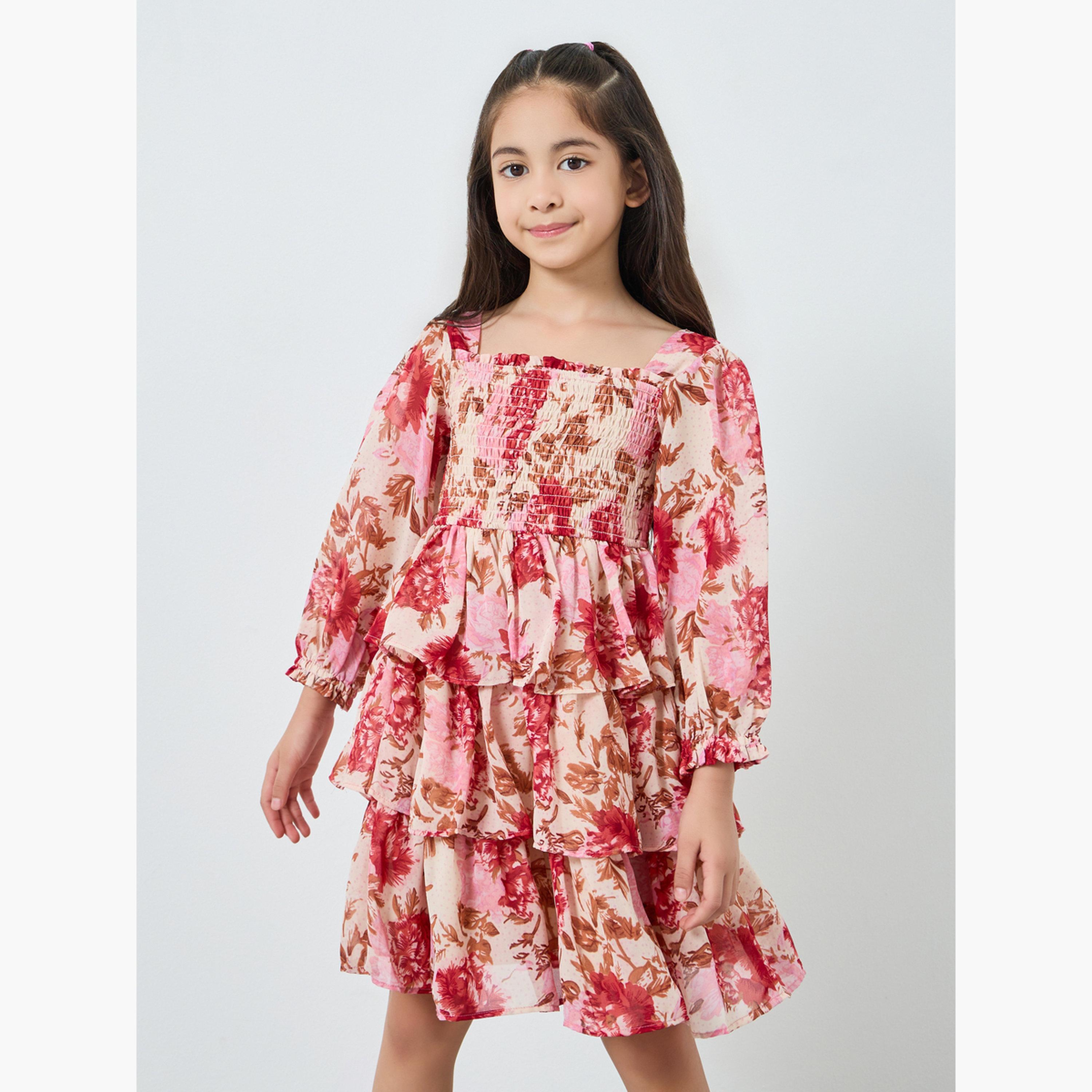 فستان قصير بطبقات وطبعة زهور-girls-clothing-dressesandjumpsuits-image-1