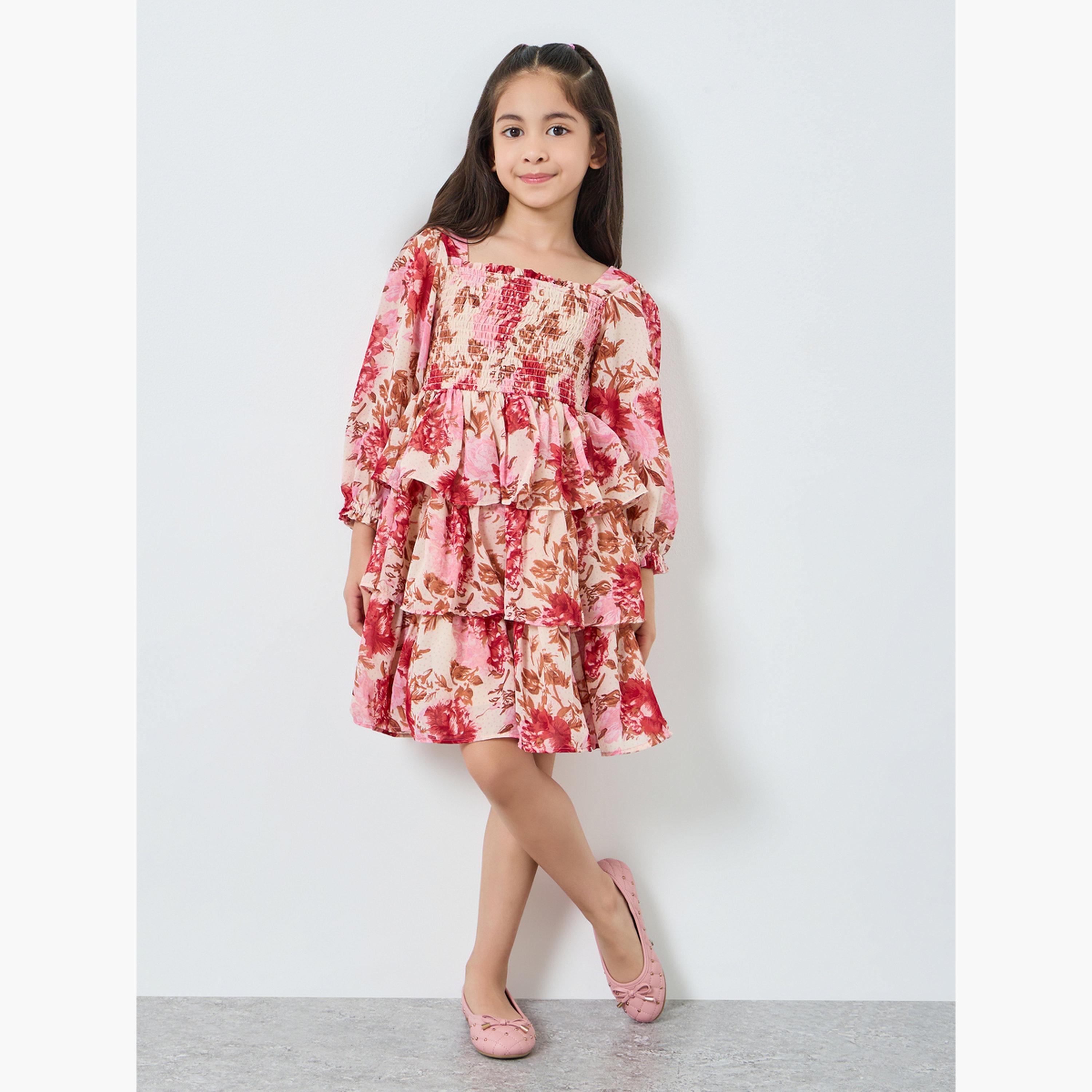 Styli Girls Pink Floral Tiered Mini Dress-girls-clothing-dressesandjumpsuits-image-2