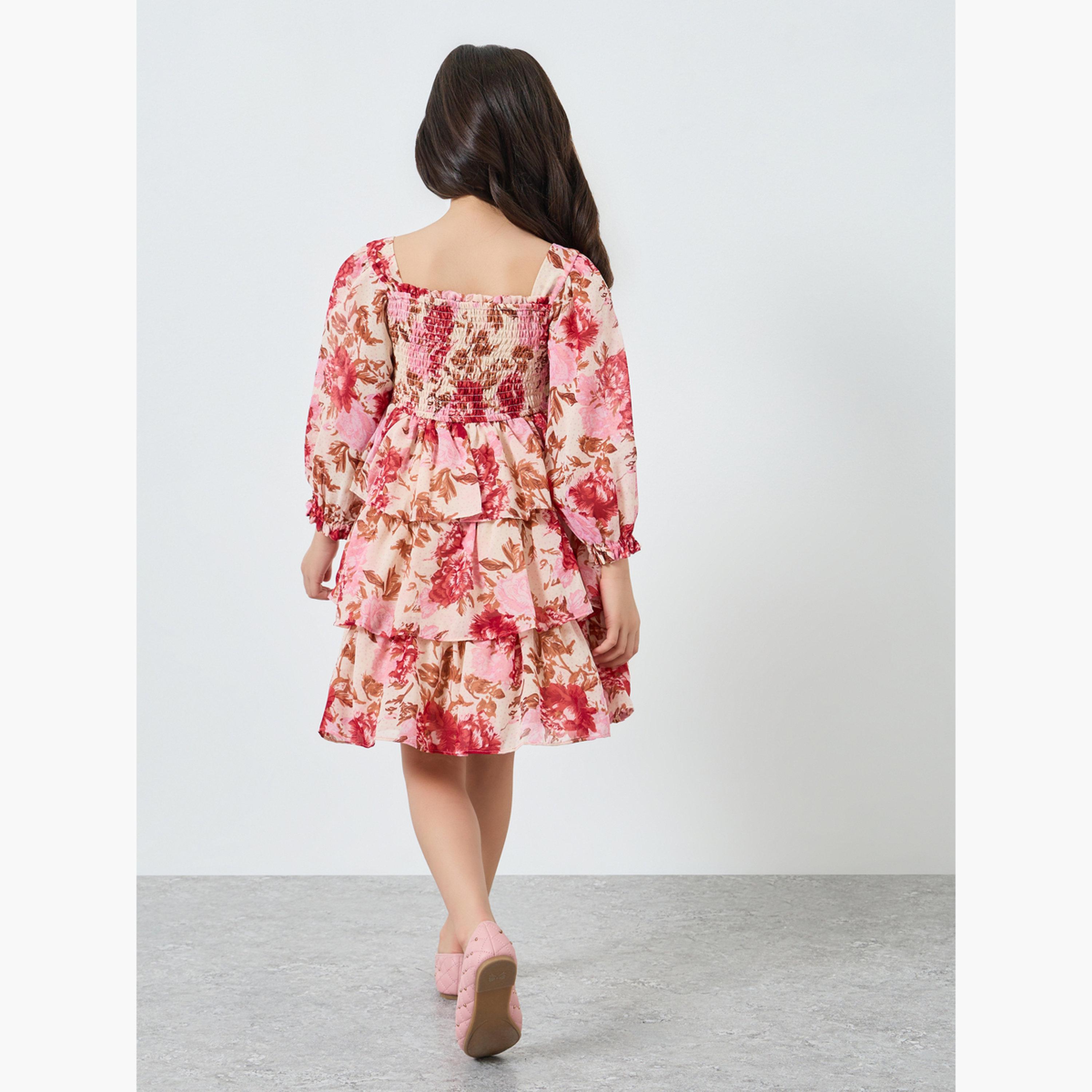 Styli Girls Pink Floral Tiered Mini Dress-girls-clothing-dressesandjumpsuits-image-4
