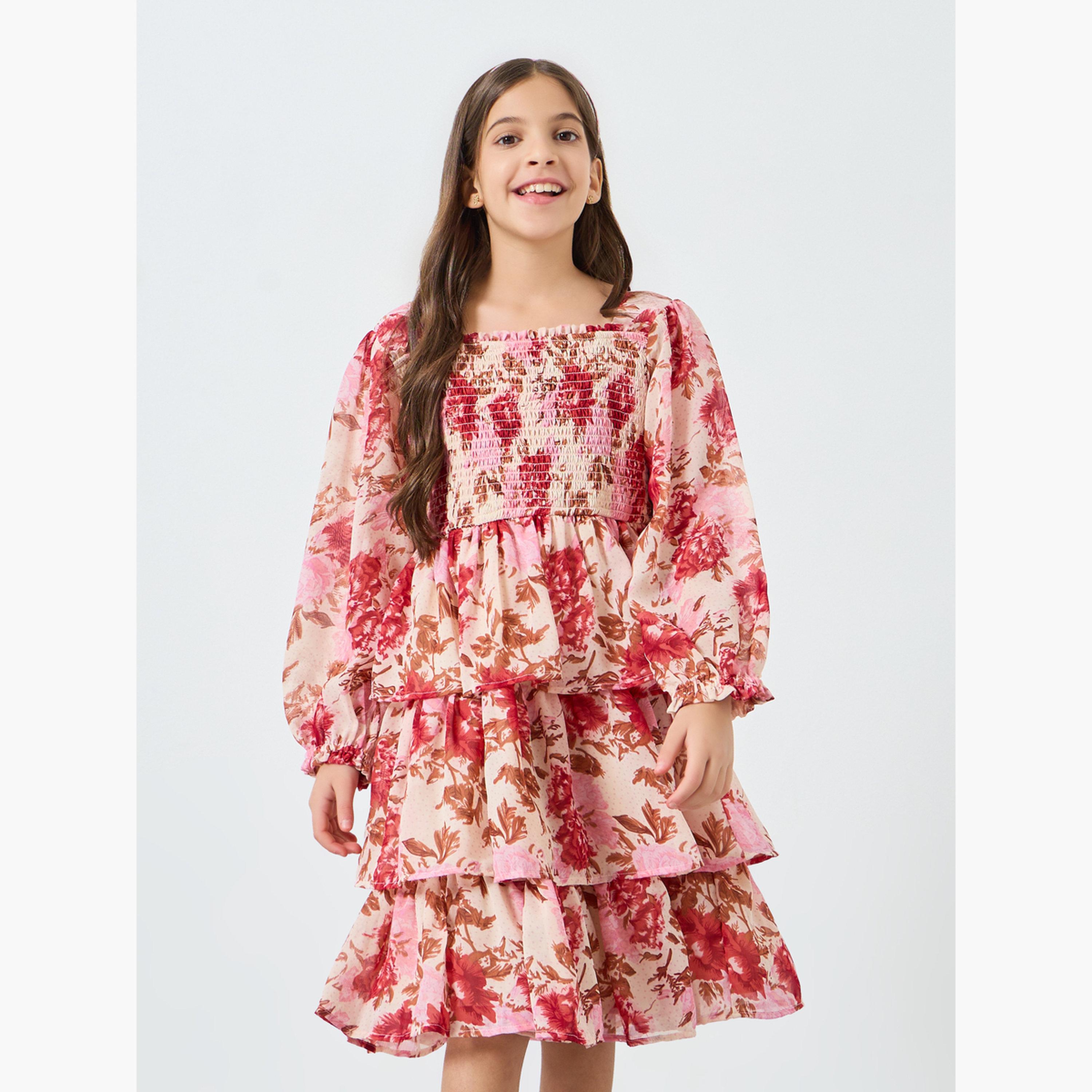 Styli Girls Pink Floral Print Smocked Tiered Dress-girls-clothing-dressesandjumpsuits-image-1