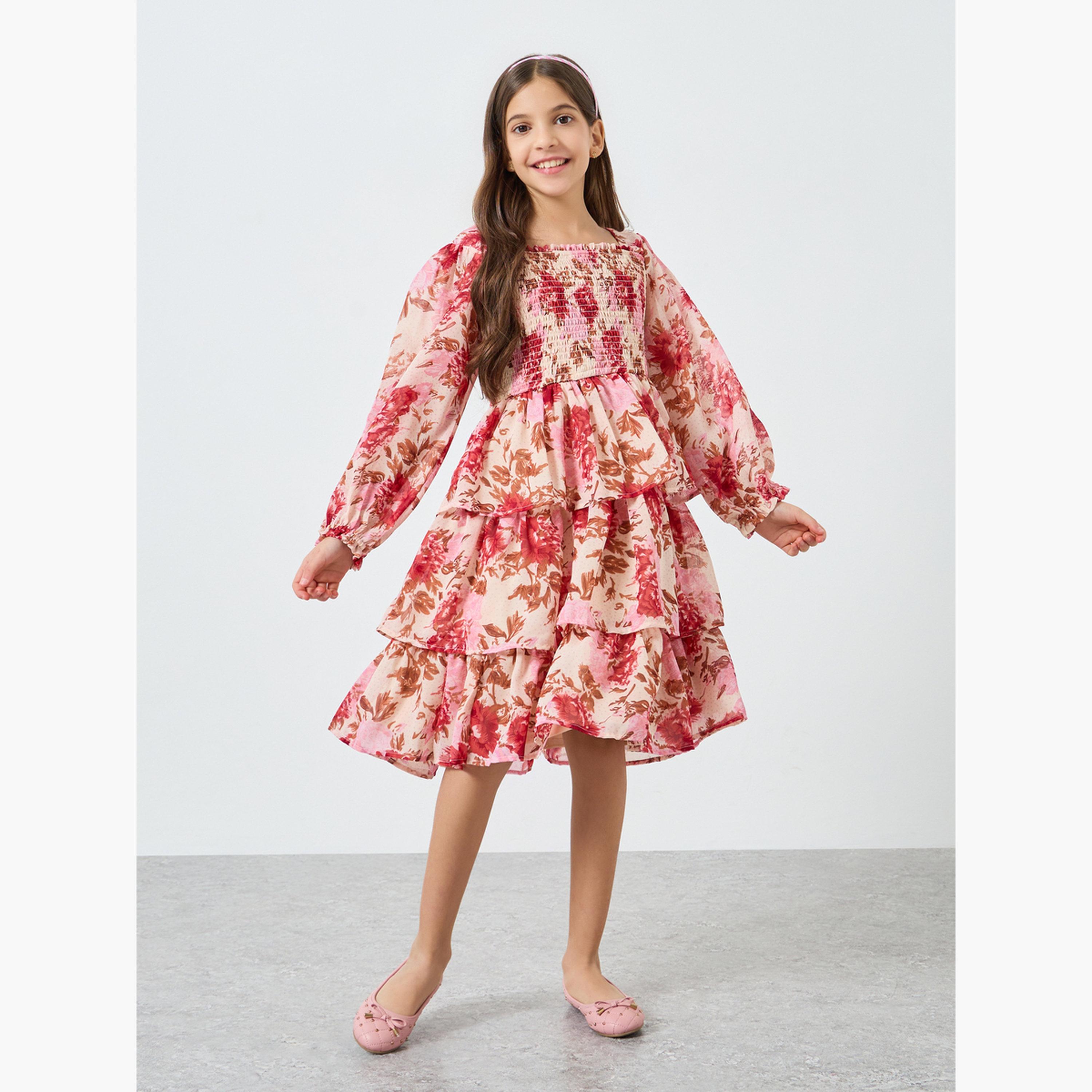 Styli Girls Pink Floral Print Smocked Tiered Dress-girls-clothing-dressesandjumpsuits-image-2