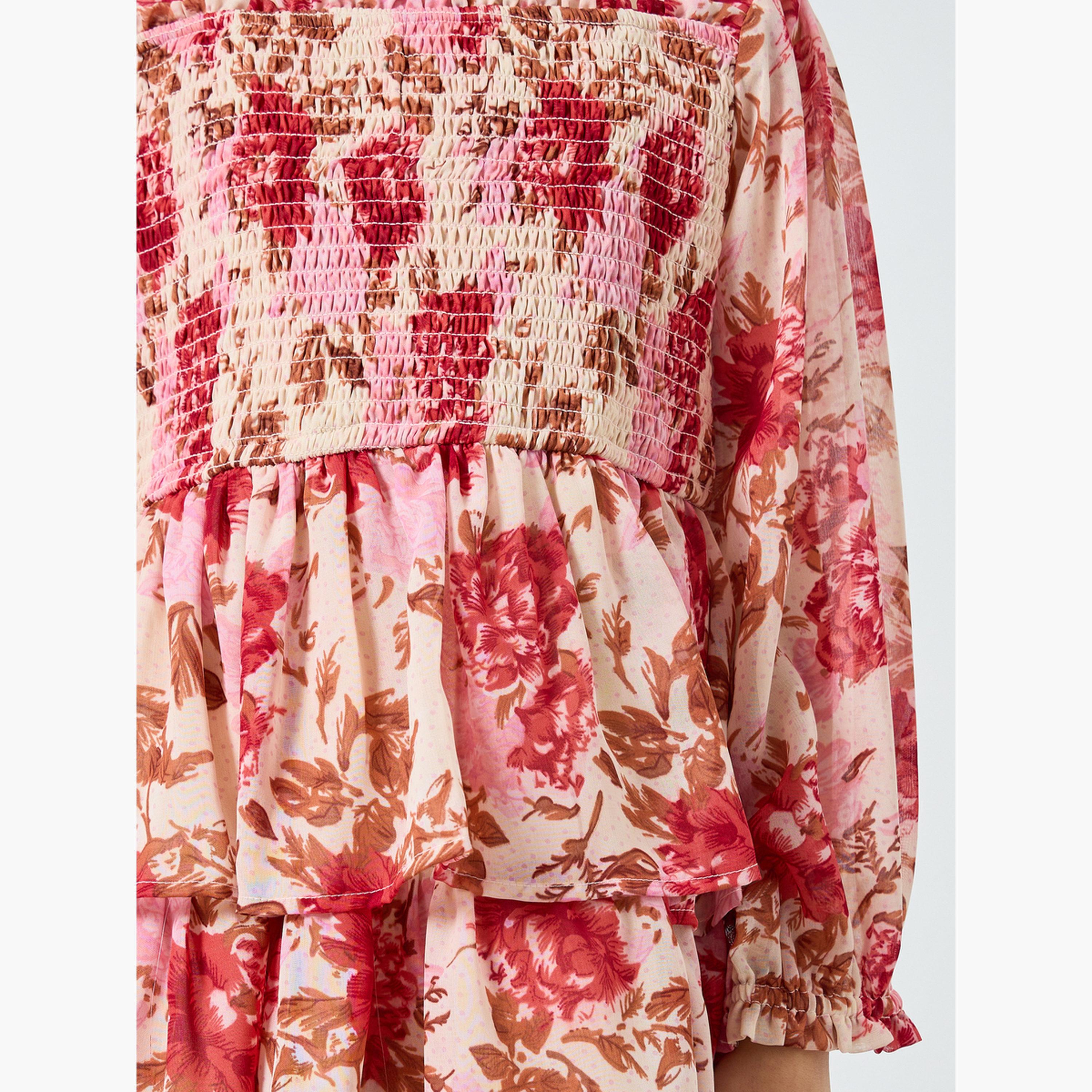 Styli Girls Pink Floral Print Smocked Tiered Dress-girls-clothing-dressesandjumpsuits-image-3