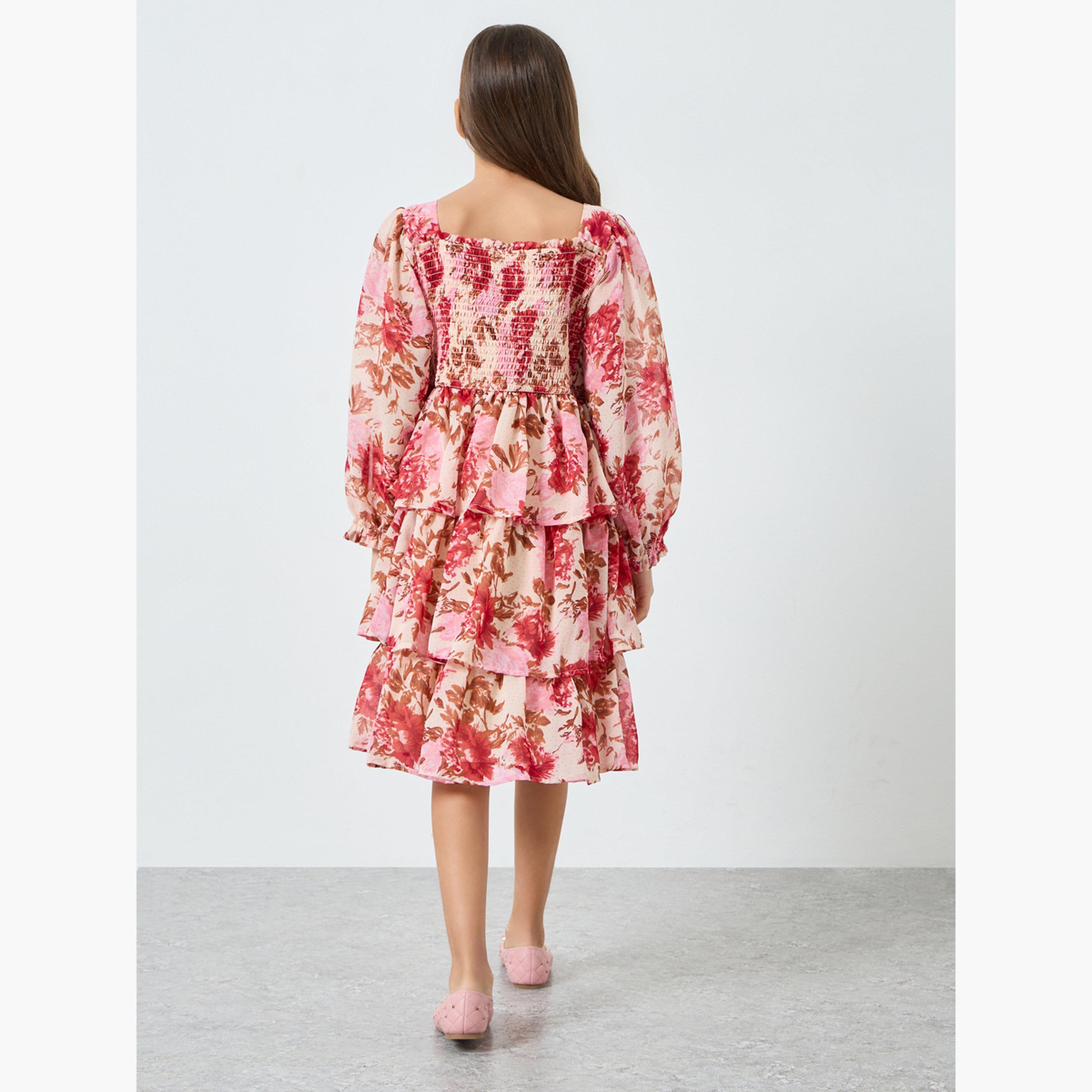Styli Girls Pink Floral Print Smocked Tiered Dress-girls-clothing-dressesandjumpsuits-image-4