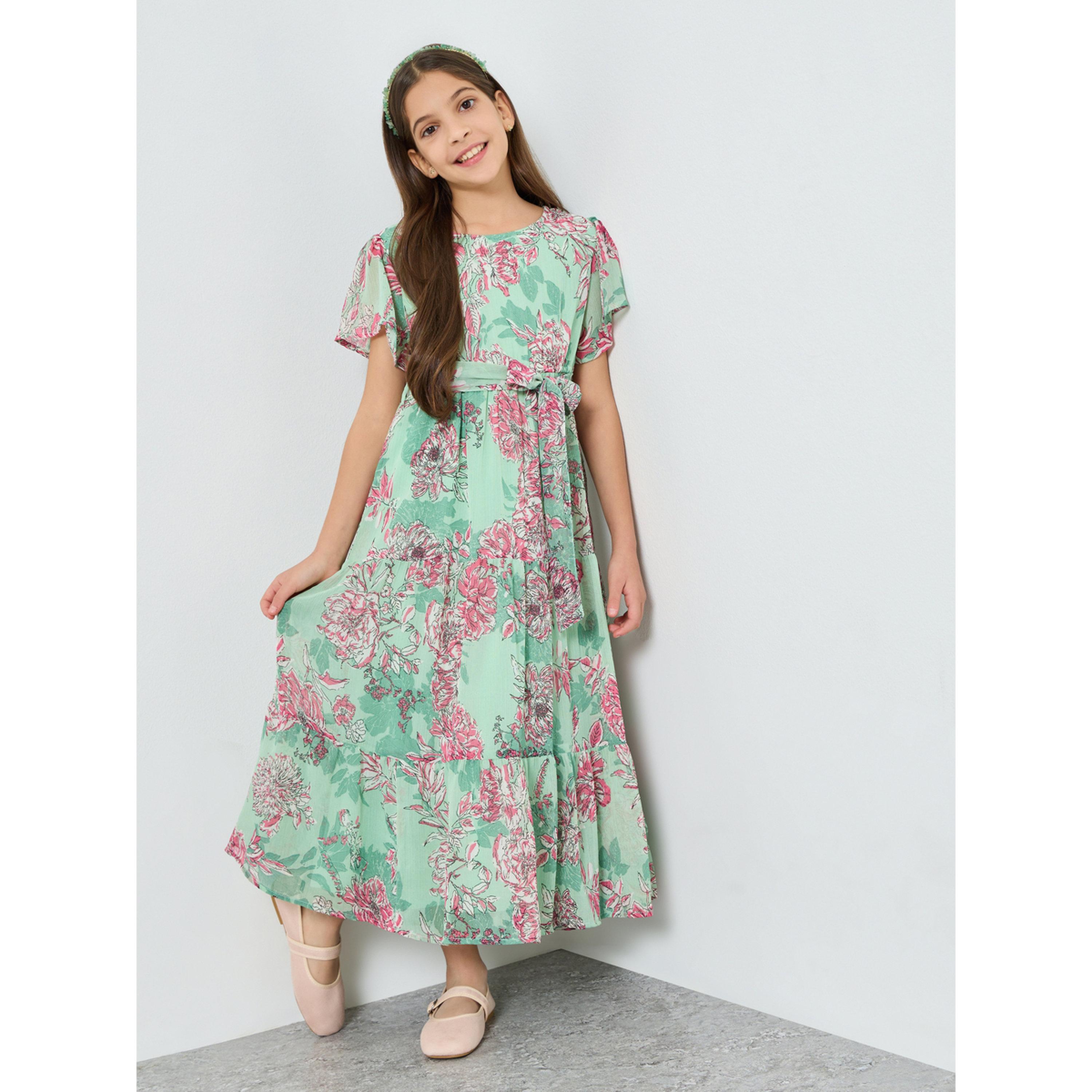 Styli Teen Girls Floral Dress with Tie Belt-girls-clothing-dressesandjumpsuits-image-1