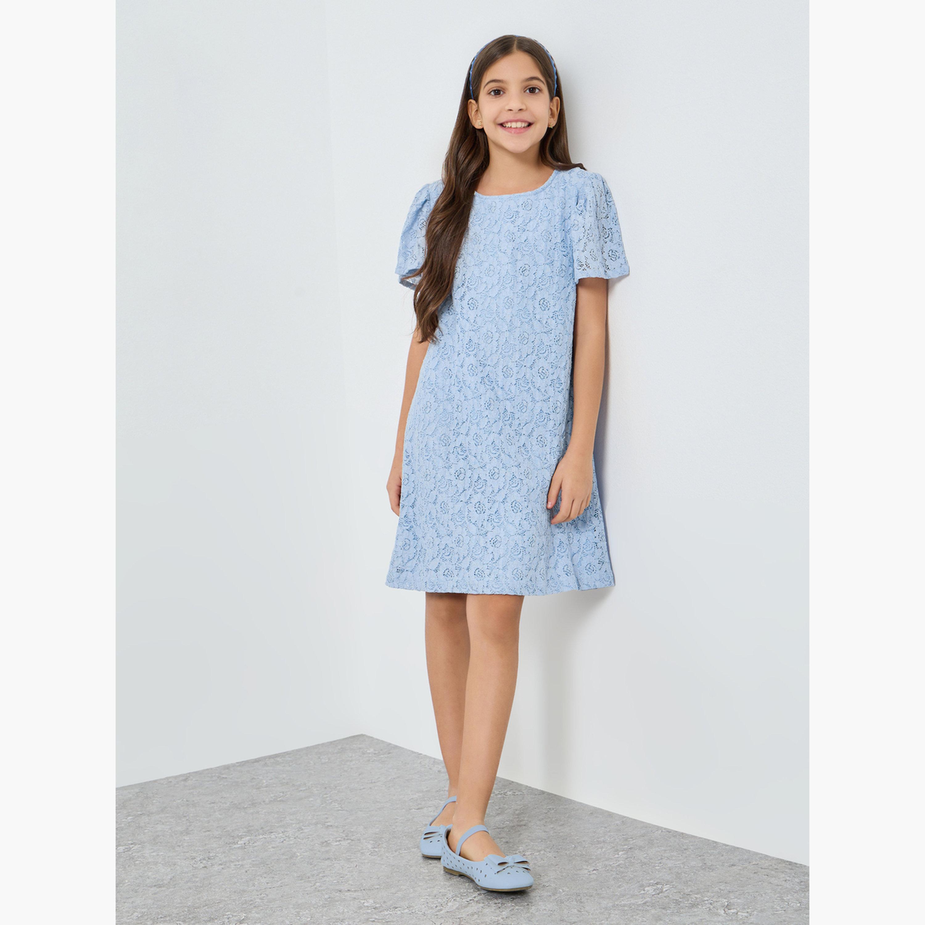 Styli Girls Light Blue Lace Short Sleeve Dress-girls-clothing-dressesandjumpsuits-image-1