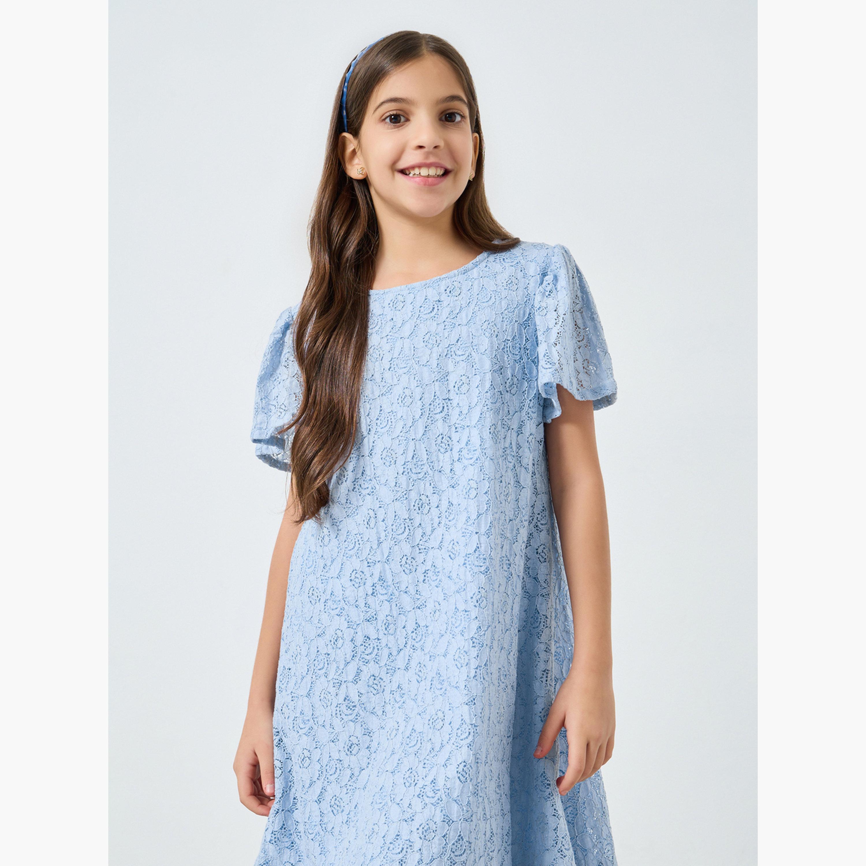 Styli Girls Light Blue Lace Short Sleeve Dress-girls-clothing-dressesandjumpsuits-image-2