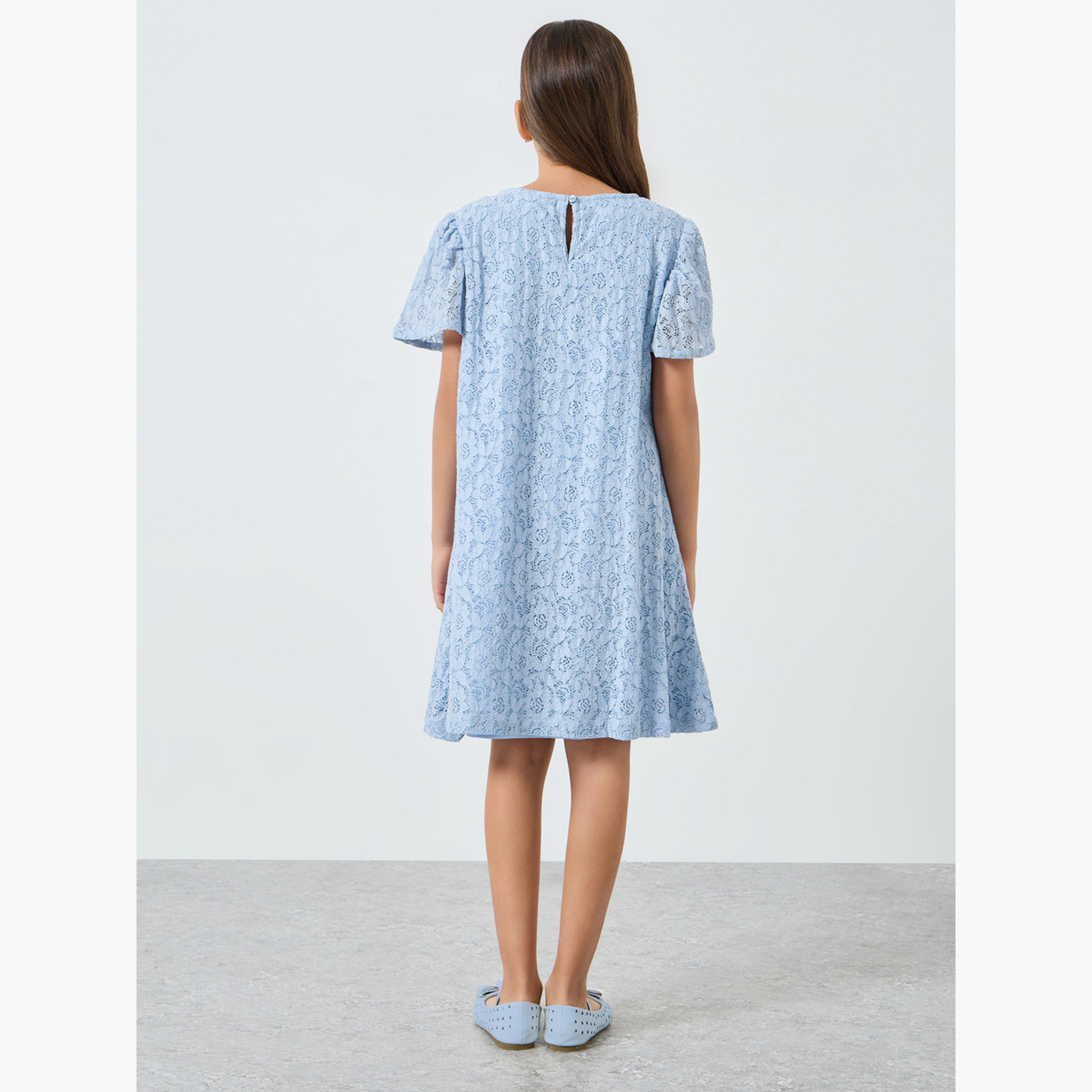 Styli Girls Light Blue Lace Short Sleeve Dress-girls-clothing-dressesandjumpsuits-image-3