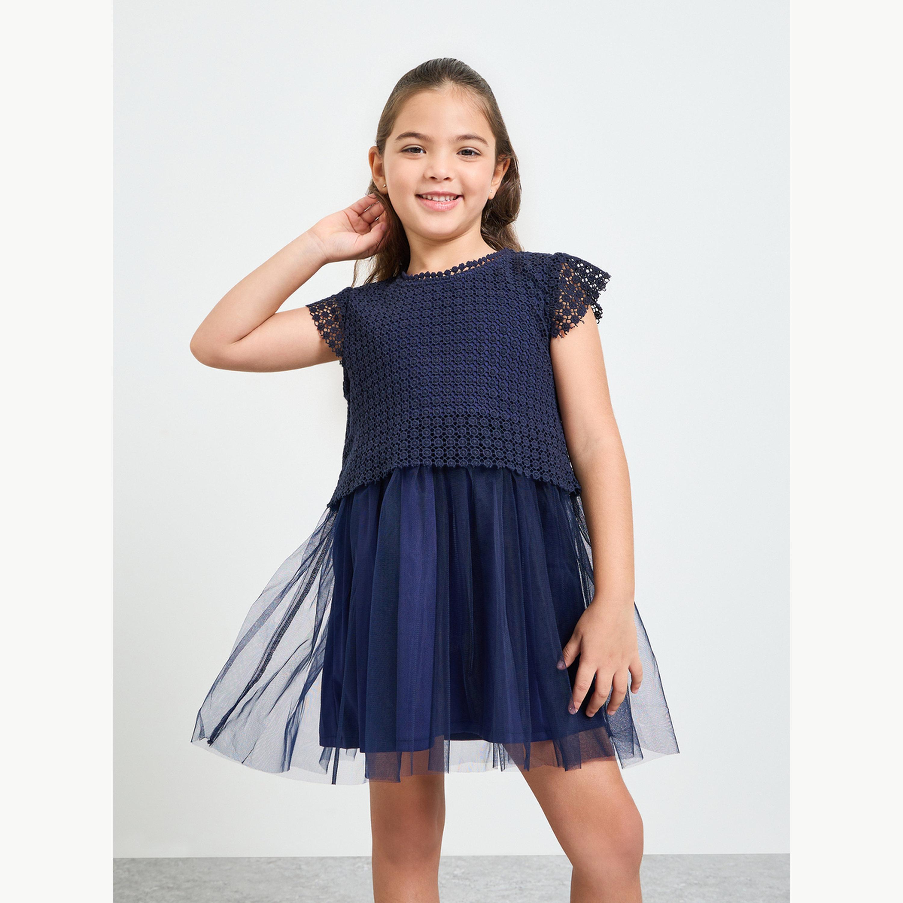 Styli Girls Lace Insert Dress with Mesh Panel-girls-clothing-dressesandjumpsuits-image-1