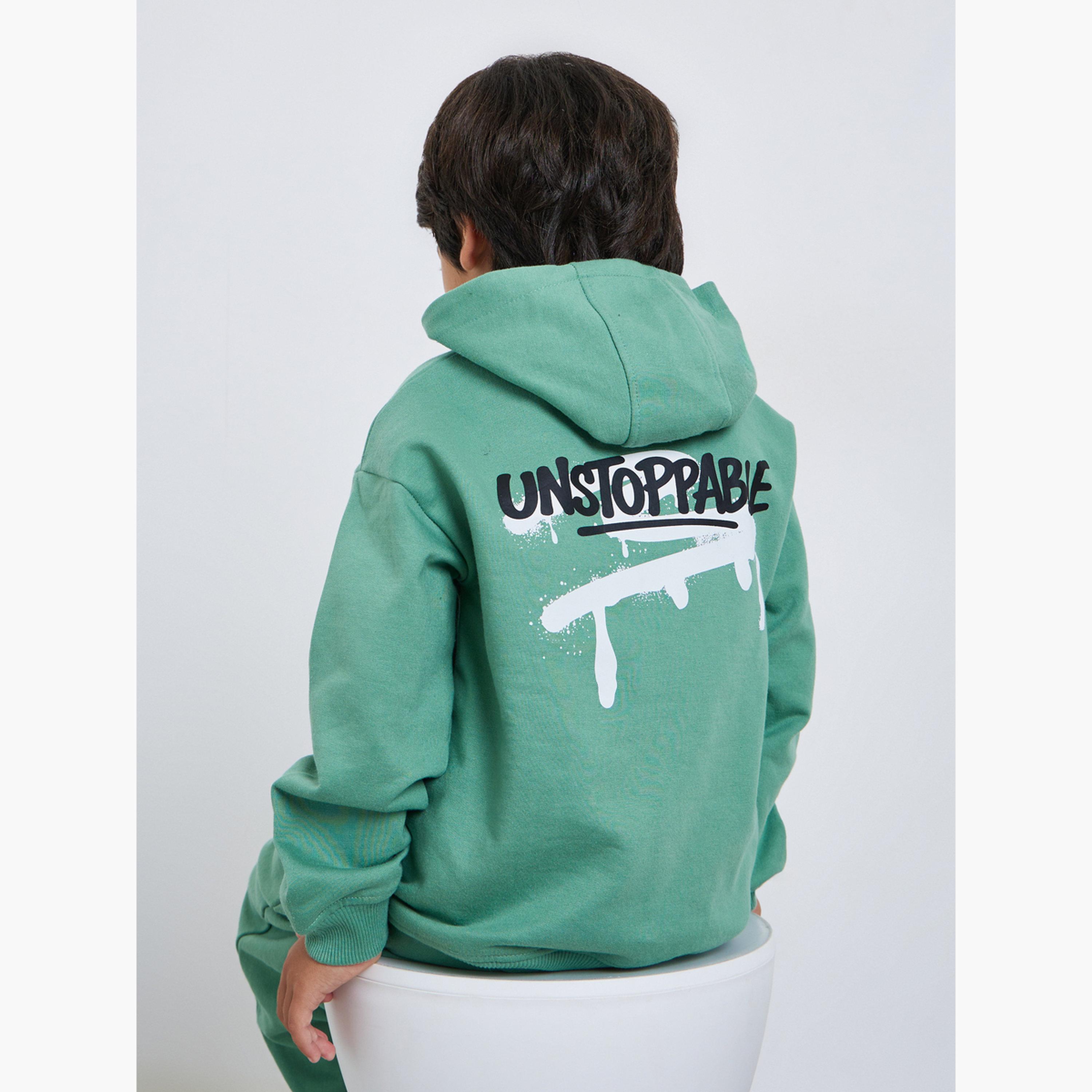 Styli Boys Green Graphic Print Cotton Hoodie-boys-clothing-sweatshirts-image-3