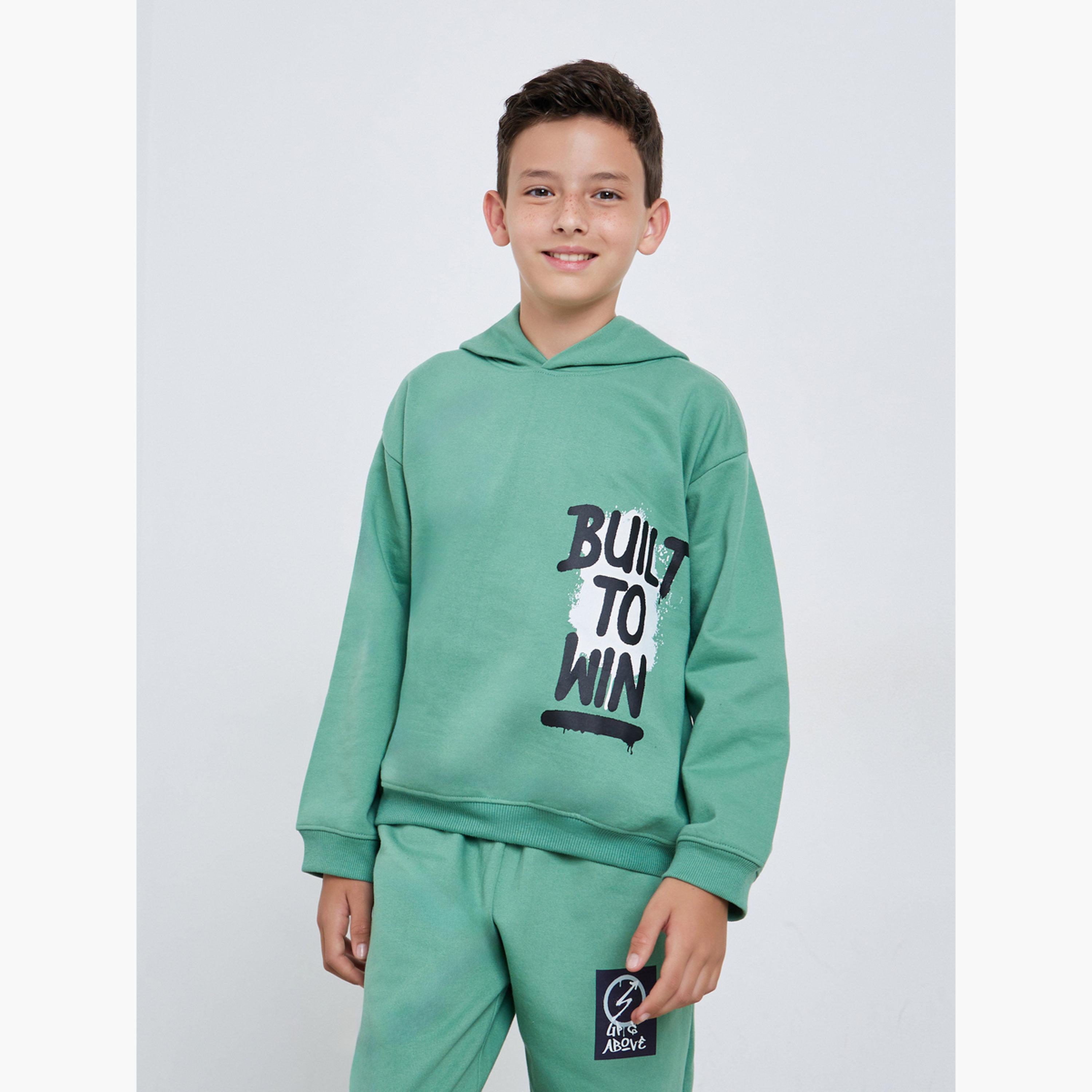 Styli Teens Green Graphic Print Cotton Hoodie-boys-clothing-sweatshirts-image-1